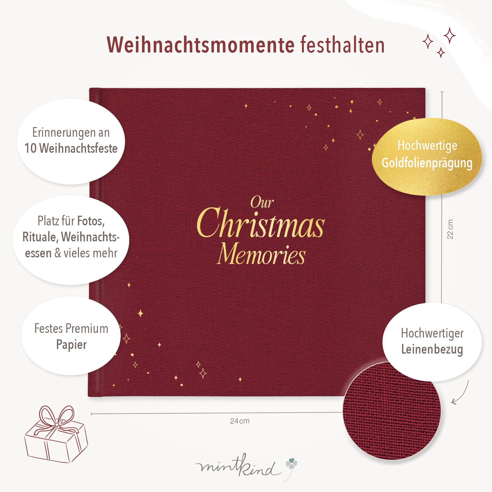 mintkind® Erinnerungsbuch Familie Weihnachten, Fotobuch 10 Jahre Weihnachtszauber mit Platz für Fotos Rezeptseiten Ritualen Notizen, Premium Papier, Leinen-Hardcover, 24x22 cm, Rot