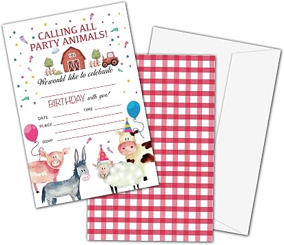 Birthday Party Invitation Cards for Kids, Party Invites, Party Celebration for Teens, Farmhouse Farm Animal Calling All Party Animals Cards, Party Supplies, Personalized 20 Cards With Envelopes-c001
