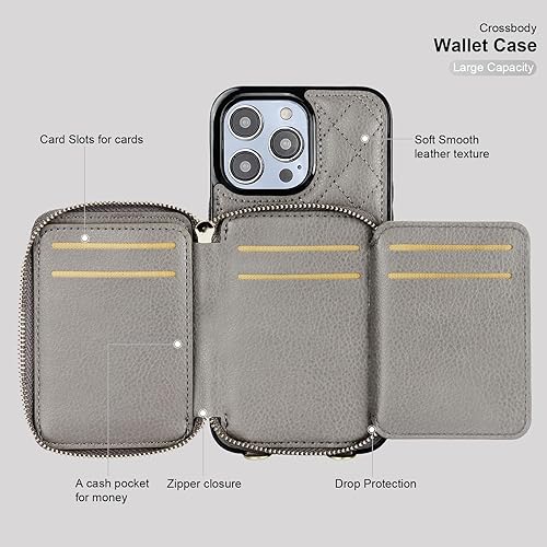 Miniatura 7 de Bocasal Funda tipo cartera cruzada para iPhone 14 Pro Max, con bloqueo RFID, de piel sintética, con cremallera, funda tipo cartera con función atril