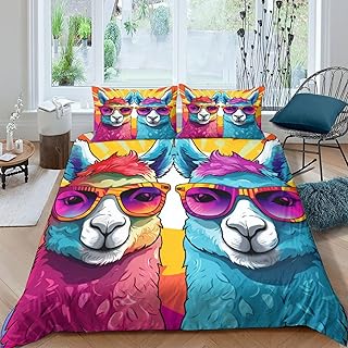 Alpaca de Colores Ropa De Cama Funda Nórdica Cama Juego Animales artísticos Funda De Microfibra Edredon con Fundas De Almohada Cremallera Estampado De 3D para Niños Y Niñas Infantiles King（220x240cm）