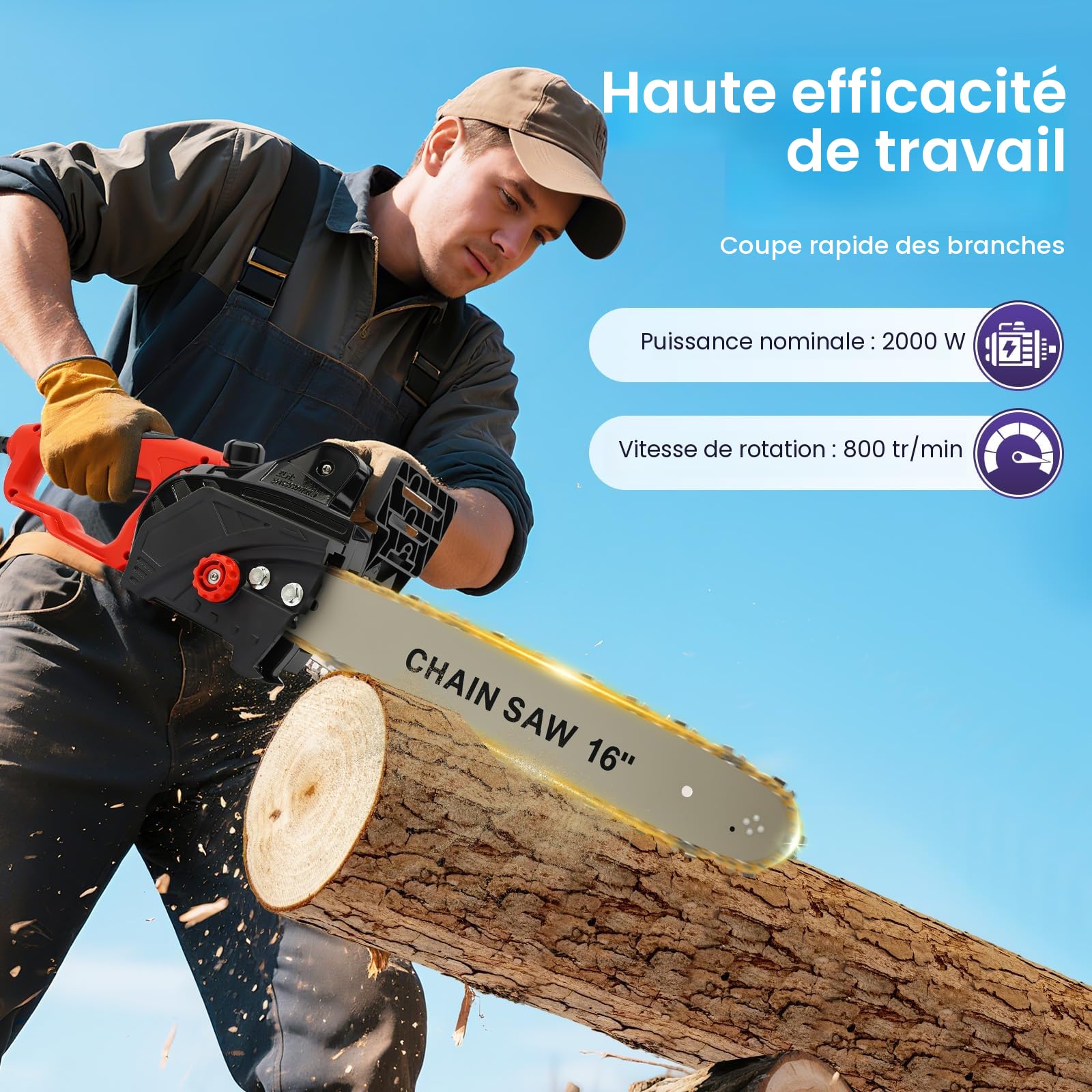 Tronçonneuse électrique 2000W 16 pouces, tronçonneuse filaire avec moteur en cuivre complet 800 tr/min, tronçonneuse à bois électrique à lubrification automatique pour le bois de chauffage et le