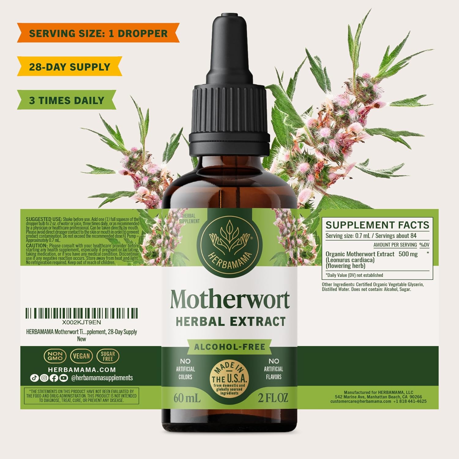 HERBAMAMA Motherwort Tincture - Vegan Motherwort Herb Extract Calm Drops for Women's Support - Non-GMO, Alcohol & Sugar-Free Liquid Relaxation Supplement, 28-Day Supply - Image 8