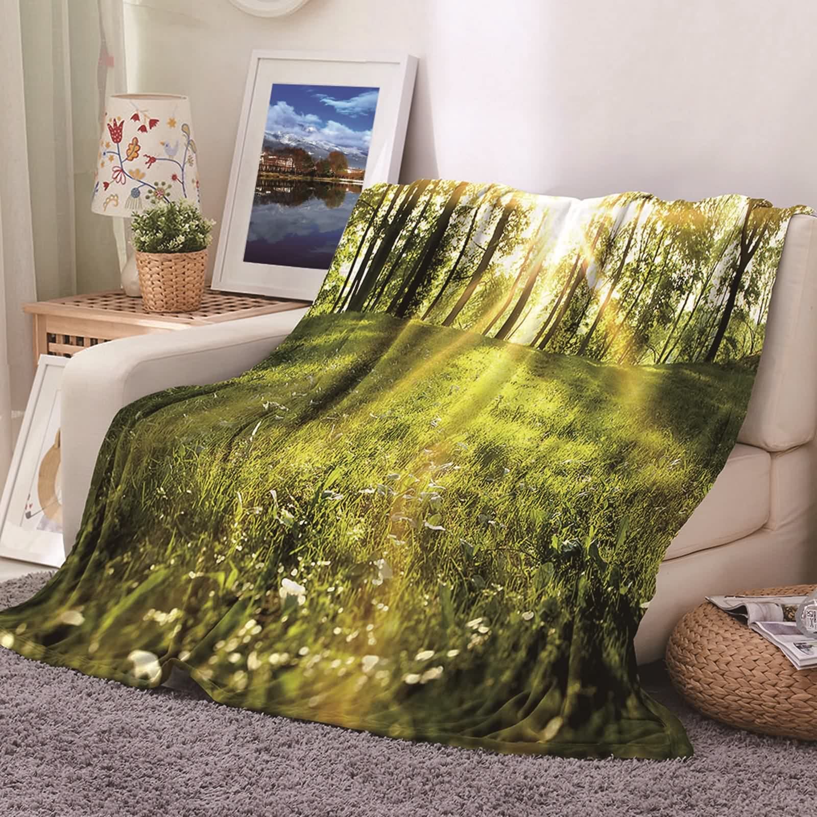 Couverture plaid en flannel KnSam 180x200cm motif lumières arbres vert