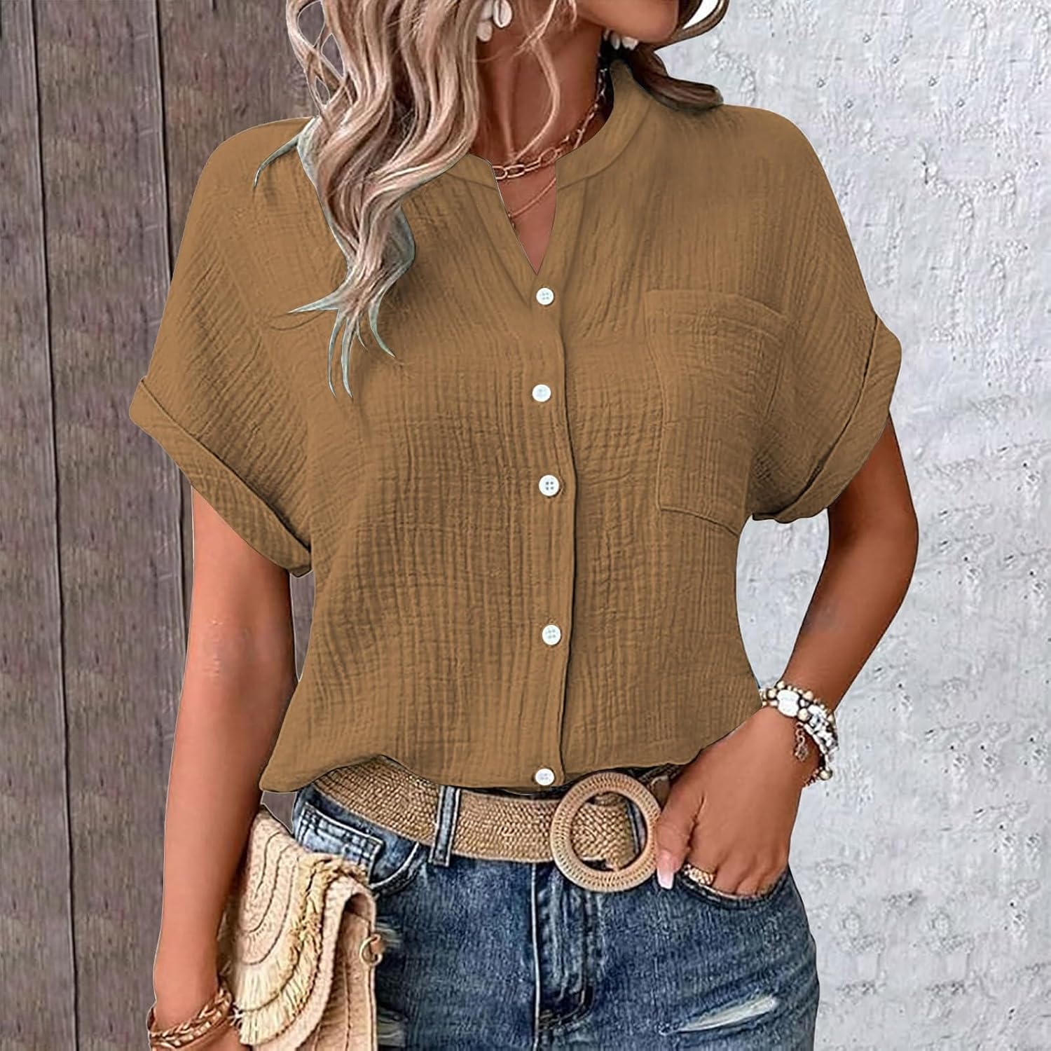 Womens Blouses Casual Tops Batwing Sleeve Pocket Patched Shirt Casual Work Dressy T Shirts Double Layer Wrinkled Fabric