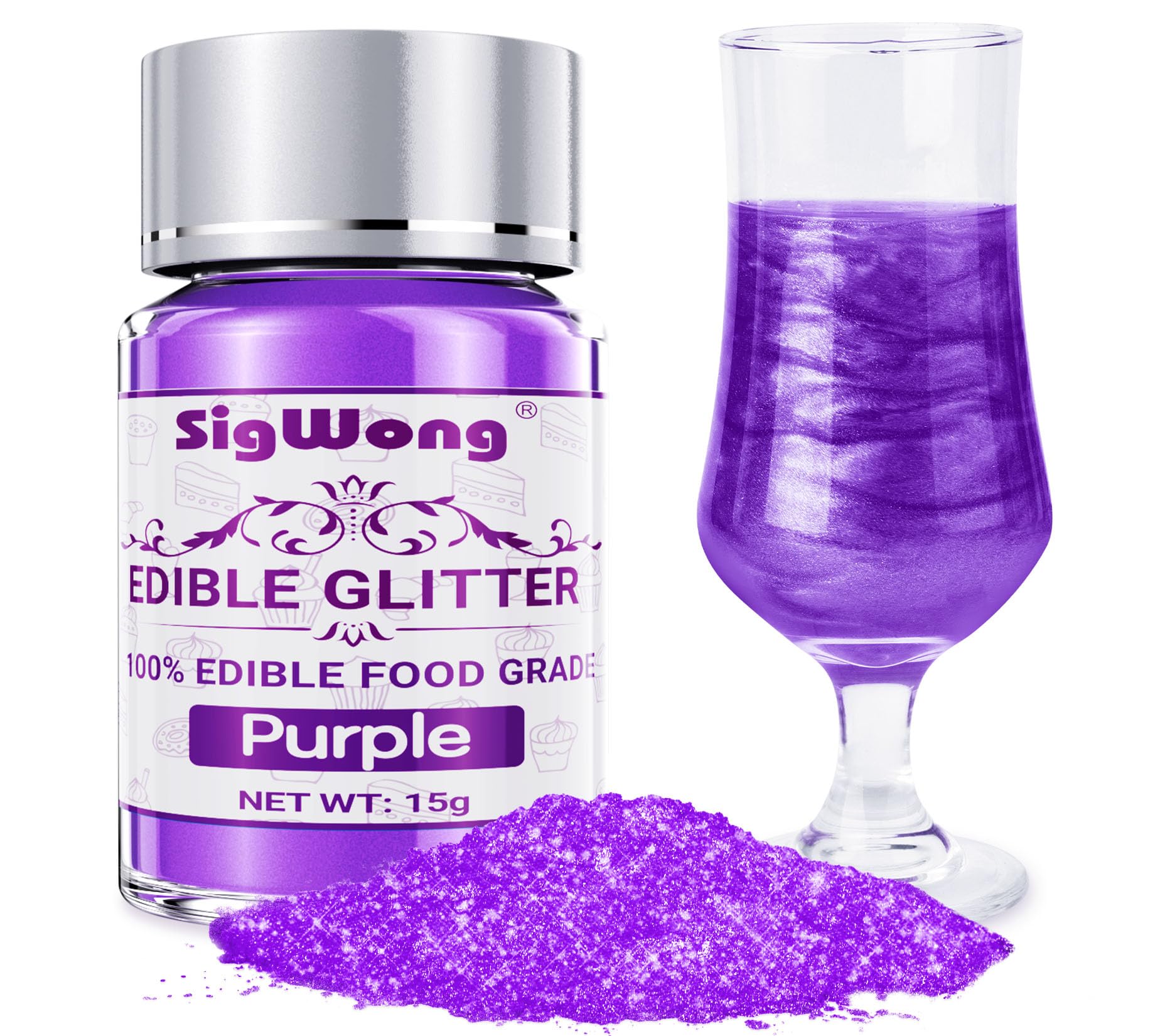 Purple Edible Glitter - 15g Food Grade Luster Dust Powder, Cake Decorating Sprinkle Glimmery Dust for Drinks, Wine, Fondant, Chocolate, Candy, Cookie, Vegan
