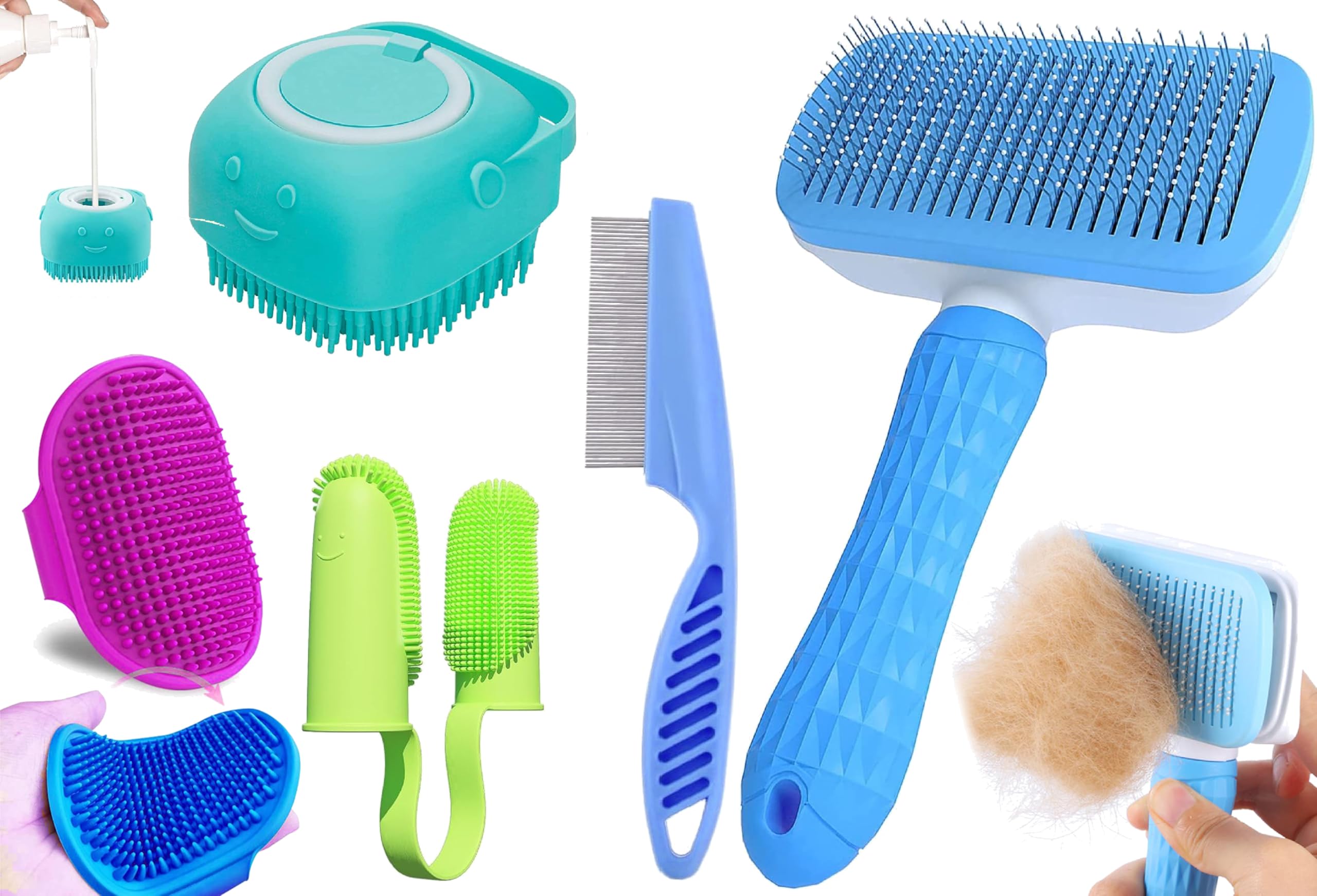 5 Pcs Self Cleaning Slicker Shedding Brush Pet Bath Massage Brush With Soap & Shampoo Dispenser Soft Silicone Bristle Finger Toothbrush & Stainless Steel Comb For Long Short Haired Dogs Cats Shower Bathing
