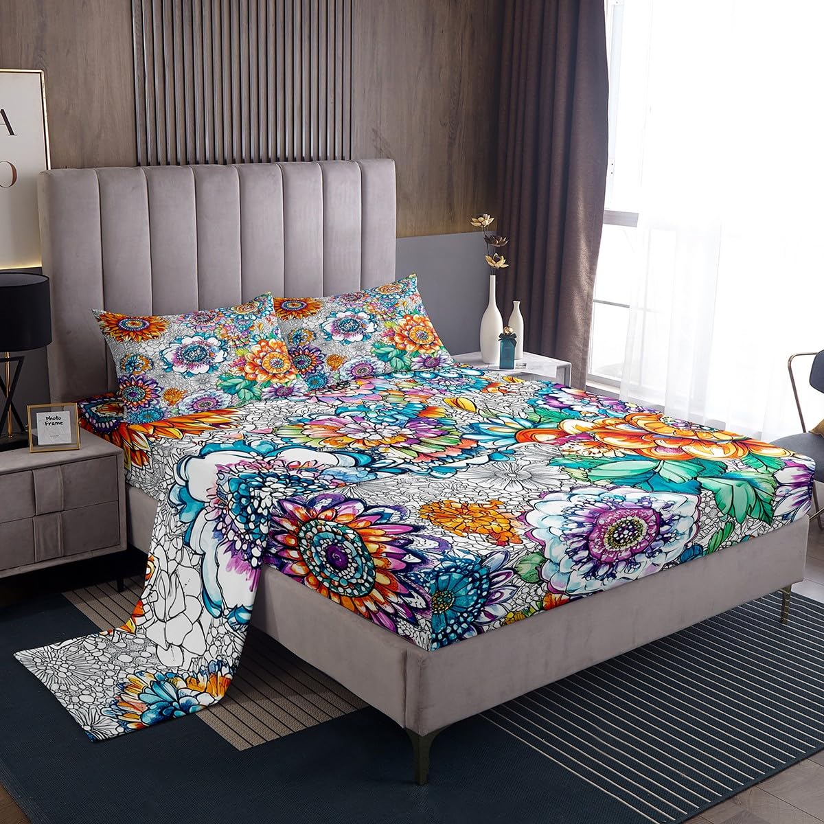 Homewish Juego de sábanas bohemias florales para cama doble, diseño exótico bohemio, para niños y niñas, juego de sábanas rústicas modernas de 4 piezas