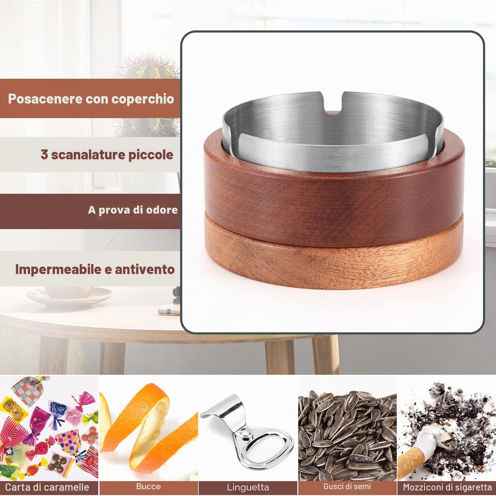 Posacenere da Esterno, Posacenere Portatile in Legno con Coperchio, Posacenere Antivento con Interno in Acciaio Inossidabile, Portacenere da Esterno per Casa/Giardino/Bar/Ristorante/Hotel