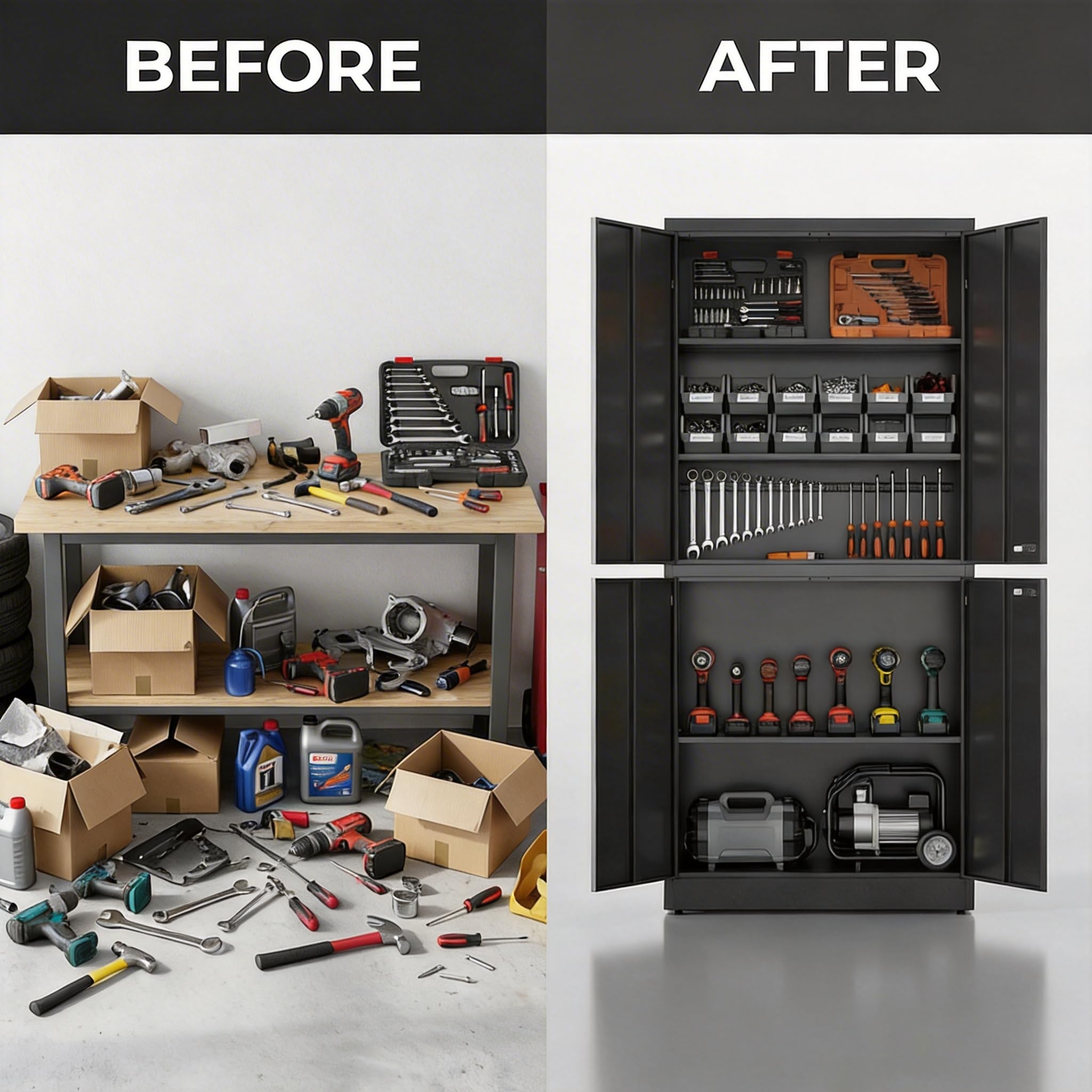 Mehrzweckschrank, Metallschrank, Werkzeugschrank mit 4 Türen Verstellbare Regale, Aktenschrank Abschließbar für Büro Garage 180X80X40cm Schwarz