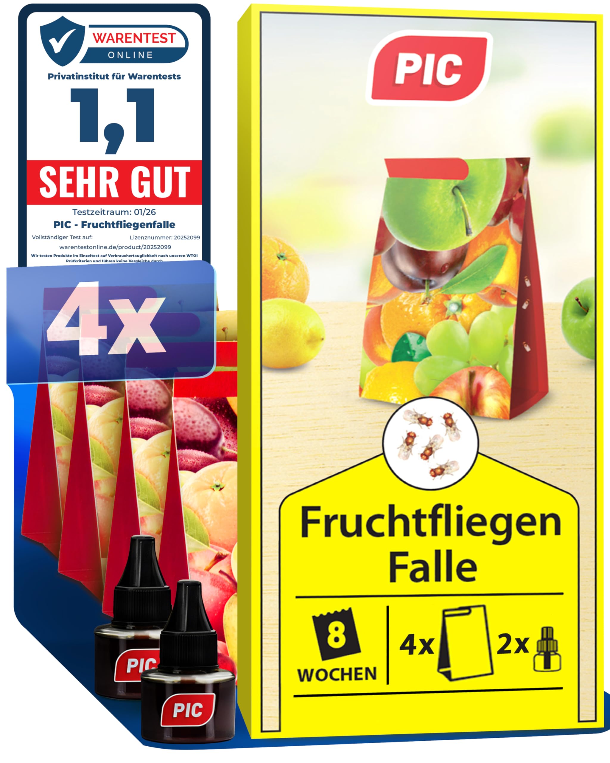 PIC Fruchtfliegenfalle für Küche – 4 Klebefallen + 2 Lockstoffbehälter auf Essigbasis – Fliegenfalle Innenbereich gegen Fruchtfliegen & Essigfliegen – Obstfliegenfalle mit bis zu 16 Wochen Schutz