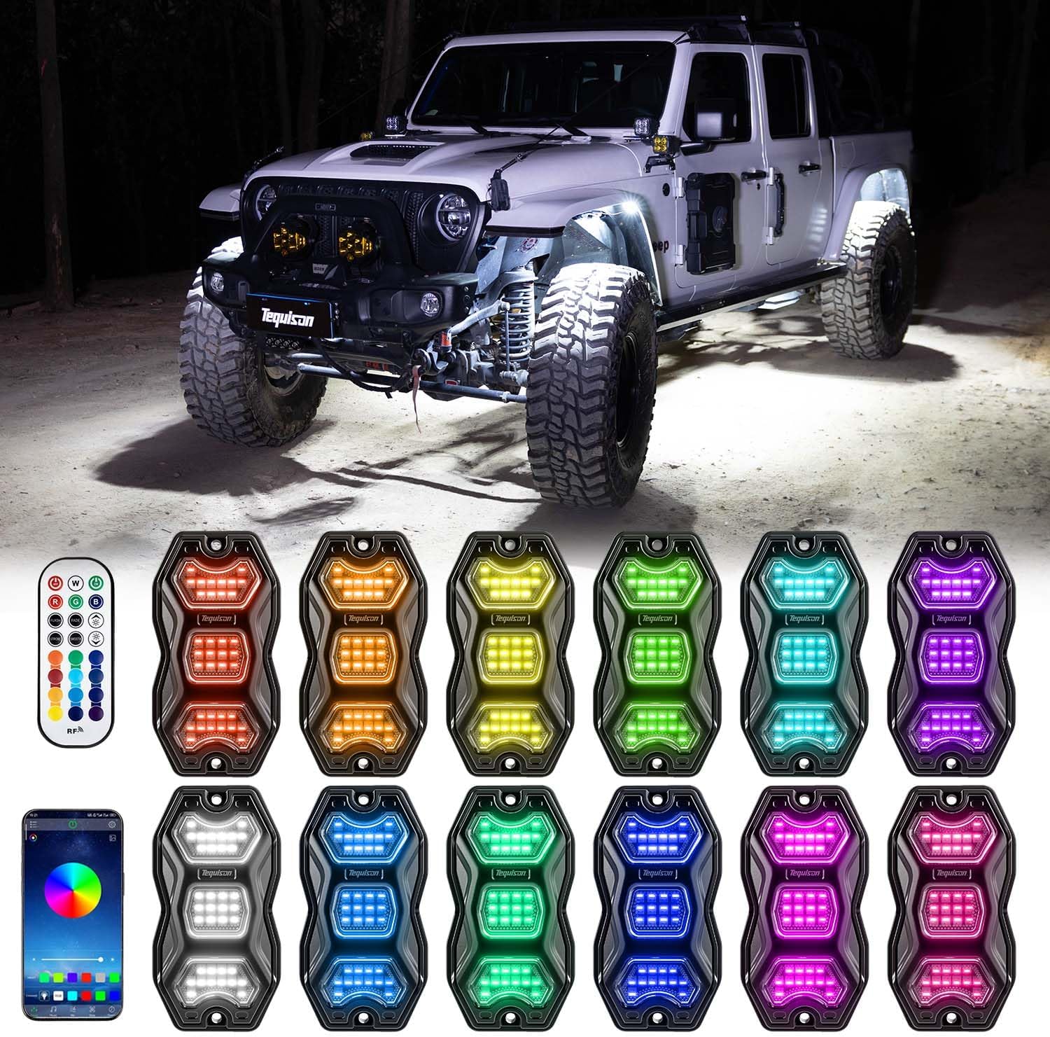 RGB Rock Lights for Trucks Jeep, 12 Pods with APP & RF Control, Pure White & 16M Colors, 20+ Dynamic Modes, Music & Voice Sync, IP67 Waterproof, Includes 6x6.7ft Extension Wires