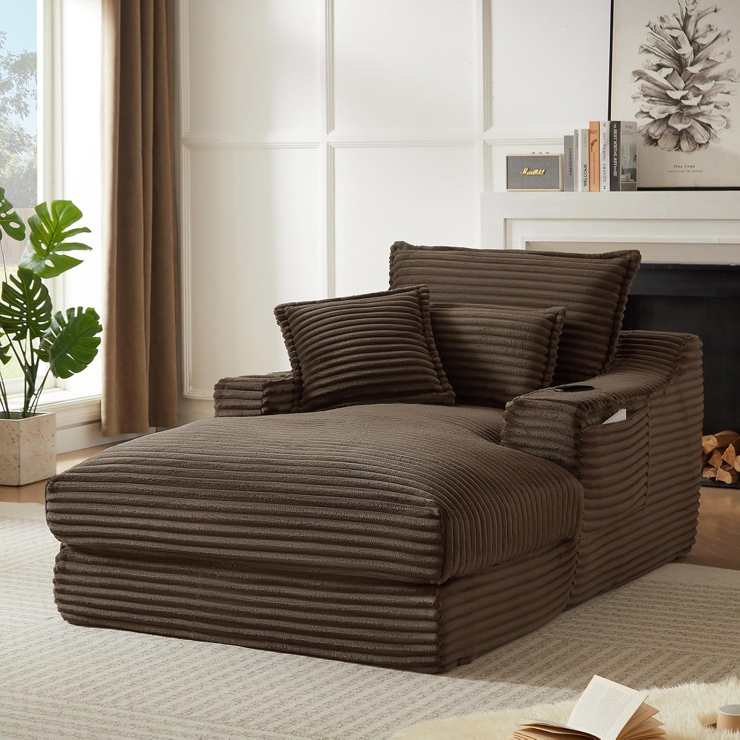 47.24" Oversized Chaise Lounge Chair, Deep Seat Upholstered Cozy Cloud Couch, Modern Corduroy Floor Sleeper Sofa Bed, Reading Chair for Living Room, Bedroom, Apartment, Office, Indoor, Brown