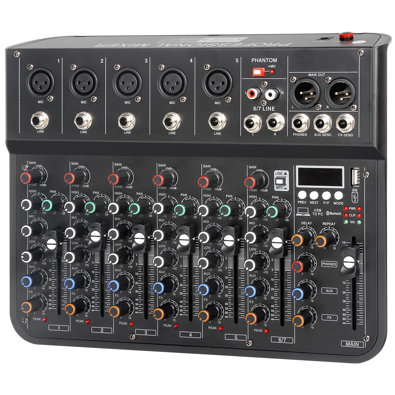 Image showing three power supply options for the mixer: a laptop via USB, a wall adapter, and a power bank.