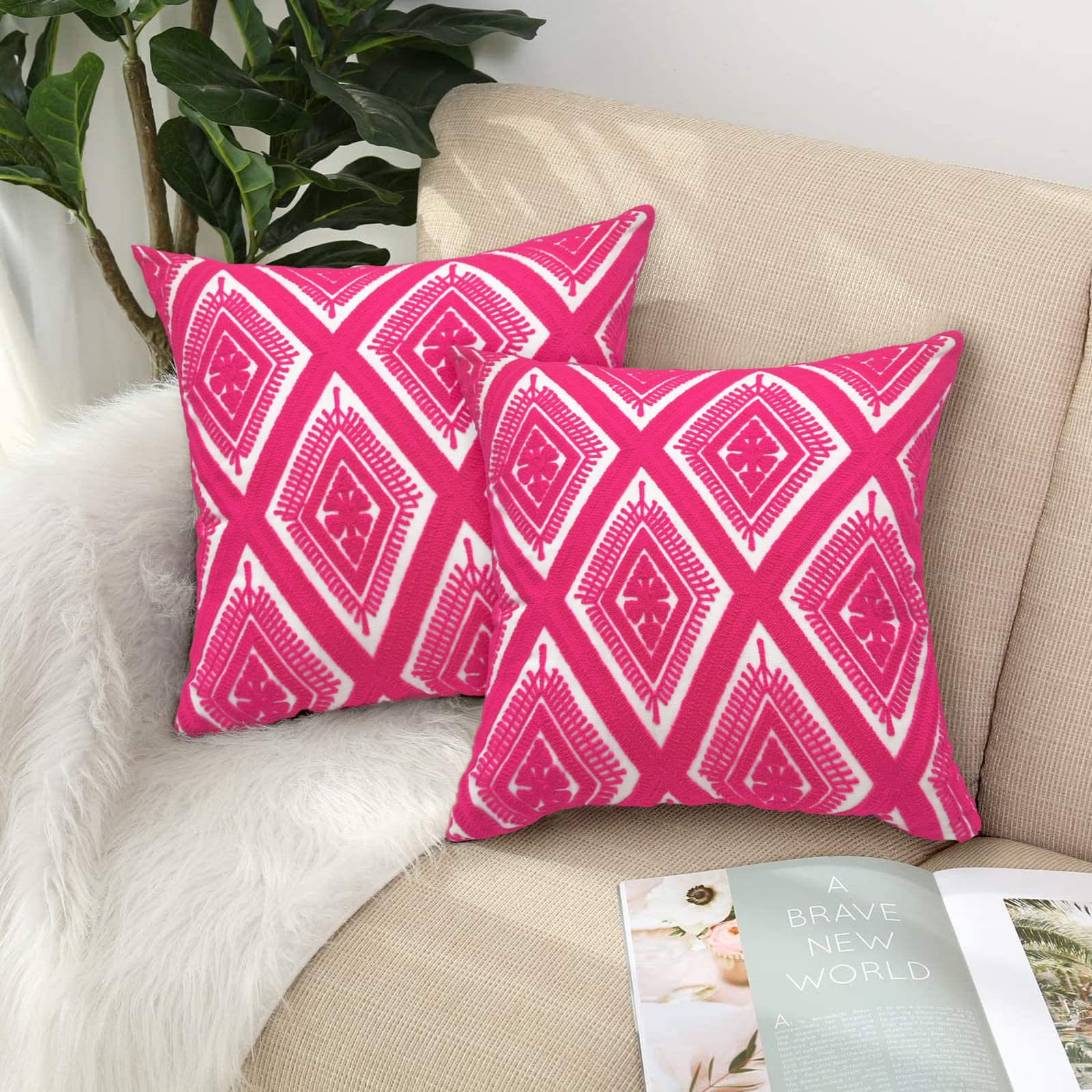 Alysheer Juego de 2 fundas de almohada decorativas bordadas de 18 x 18 pulgadas, estilo bohemio, geométrico, moderno, elegante, clásico, de algodón, para sofá, cama, sala de estar (rosa intenso)