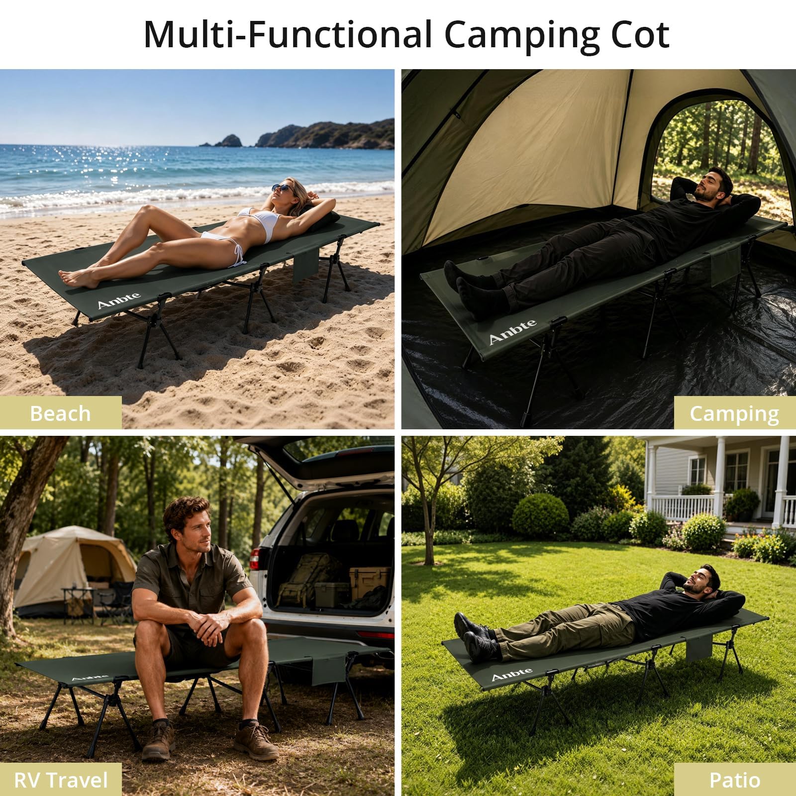 Anbte Campingbett Höhenverstellbar 190x70x[16/42] cm Feldbett bis 180kg Tragfähigkeit mit Tragetasche Bequemes Kinderbett Ultraleicht Klappbett für Reisen Strand Garten Büro (Grün)