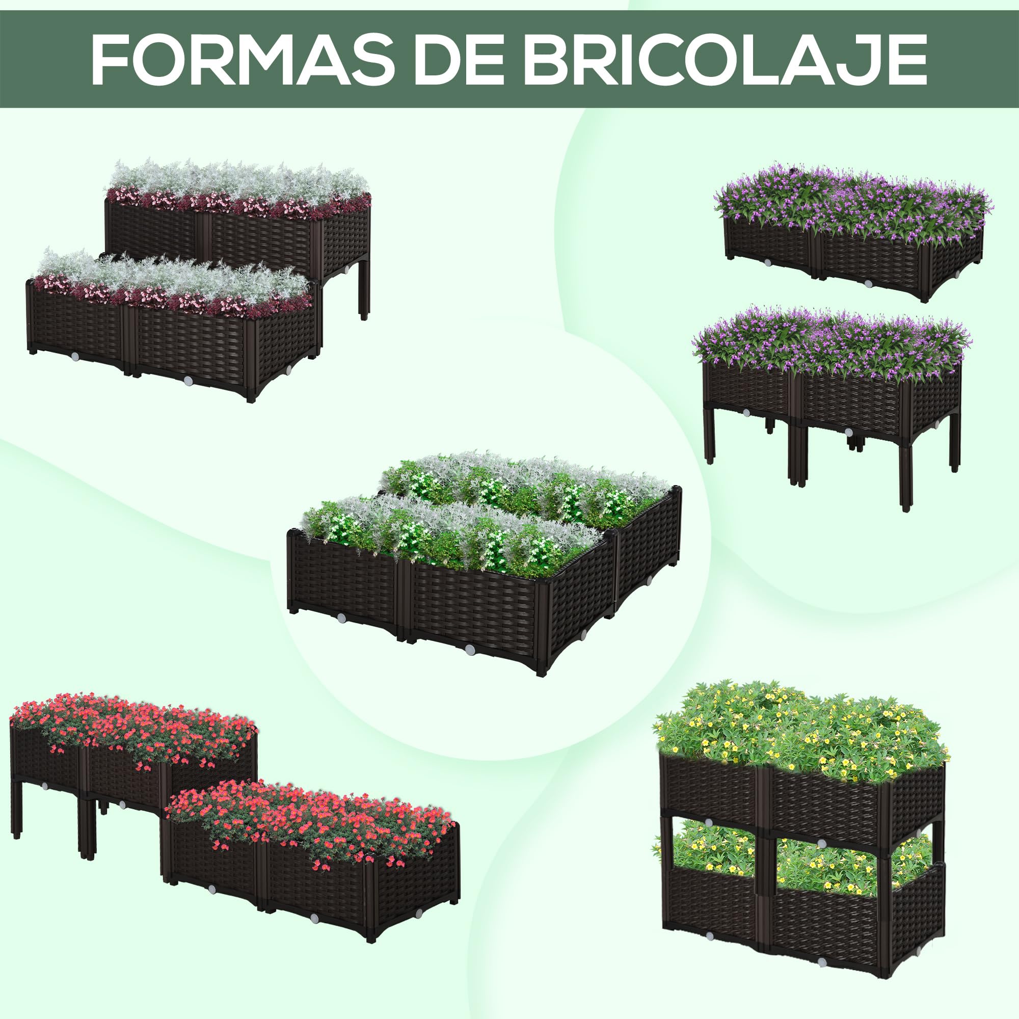 Outsunny Juego de 4 Jardineras de Exterior Jardineras Cuadradas Imitación a Mimbre Combinación Libre Maceteros para Jardín Patio 40x40x26/44 cm Marrón