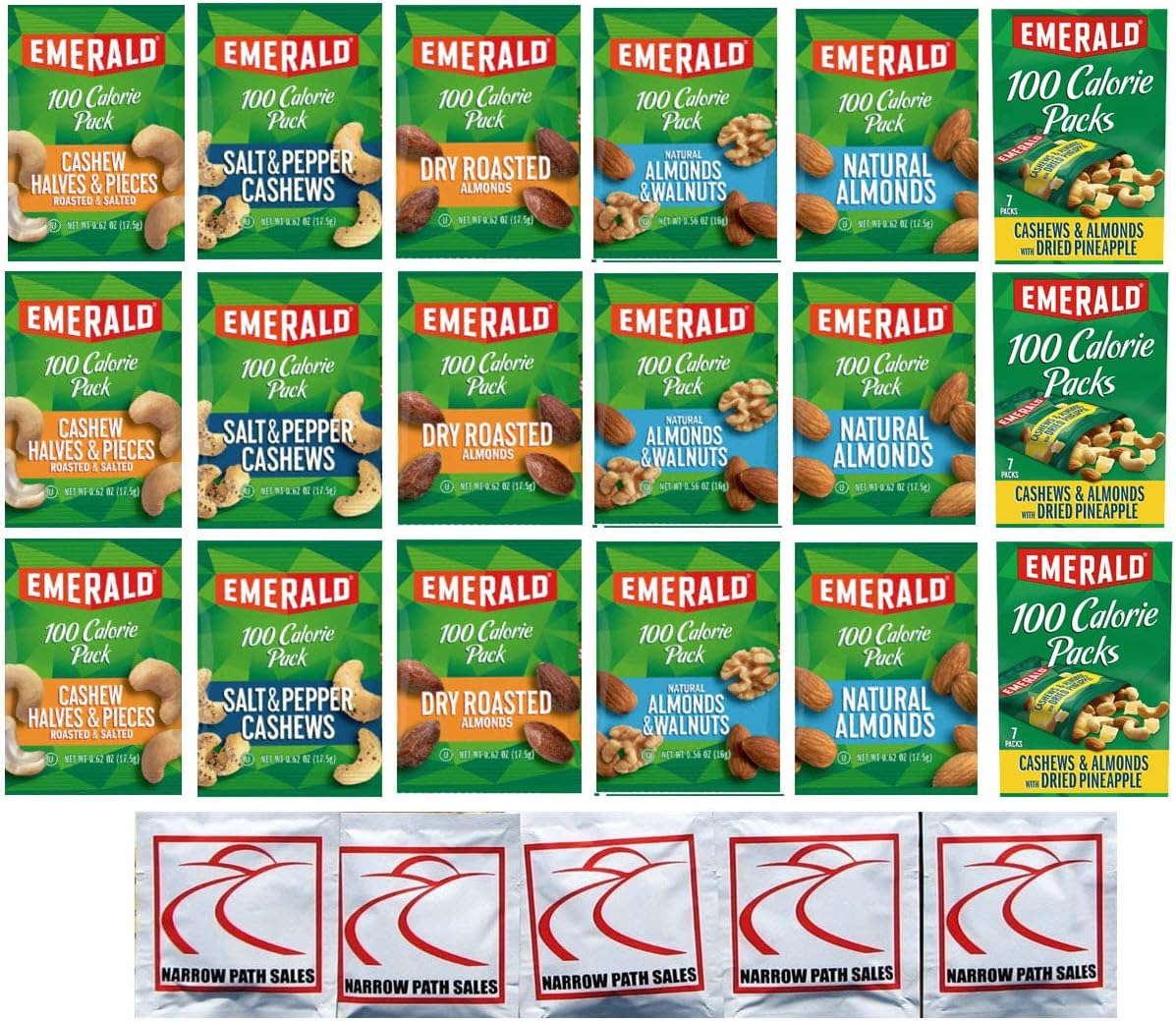 Emerald Cashew Almond Nuts 100 Calorie Packs - Variety Sampler Pack of 18 bags, 6 Flavors