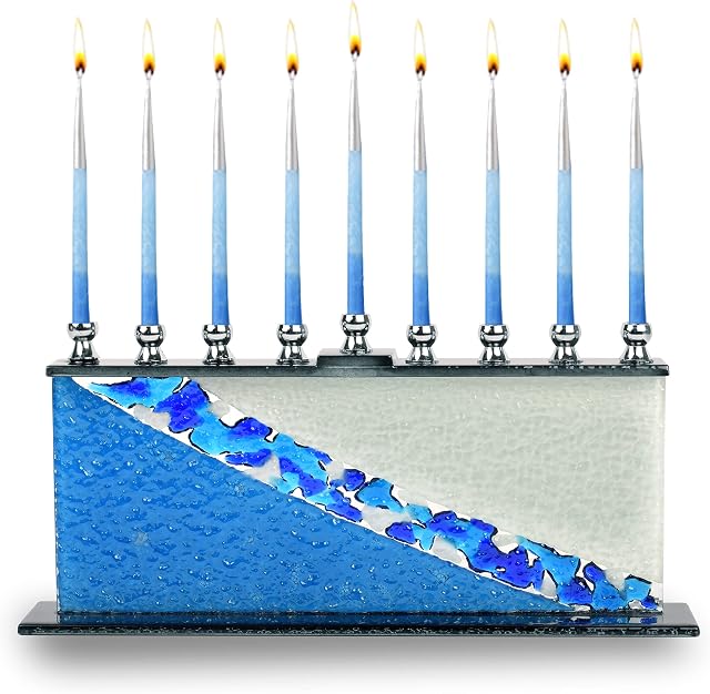 Ner Mitzvah Glass Hanukkah Menorah - Blue & White Stones Chanukah Menorah - Handcrafted Painted Glass Menorah - Fits All Standard Chanukah Candles
