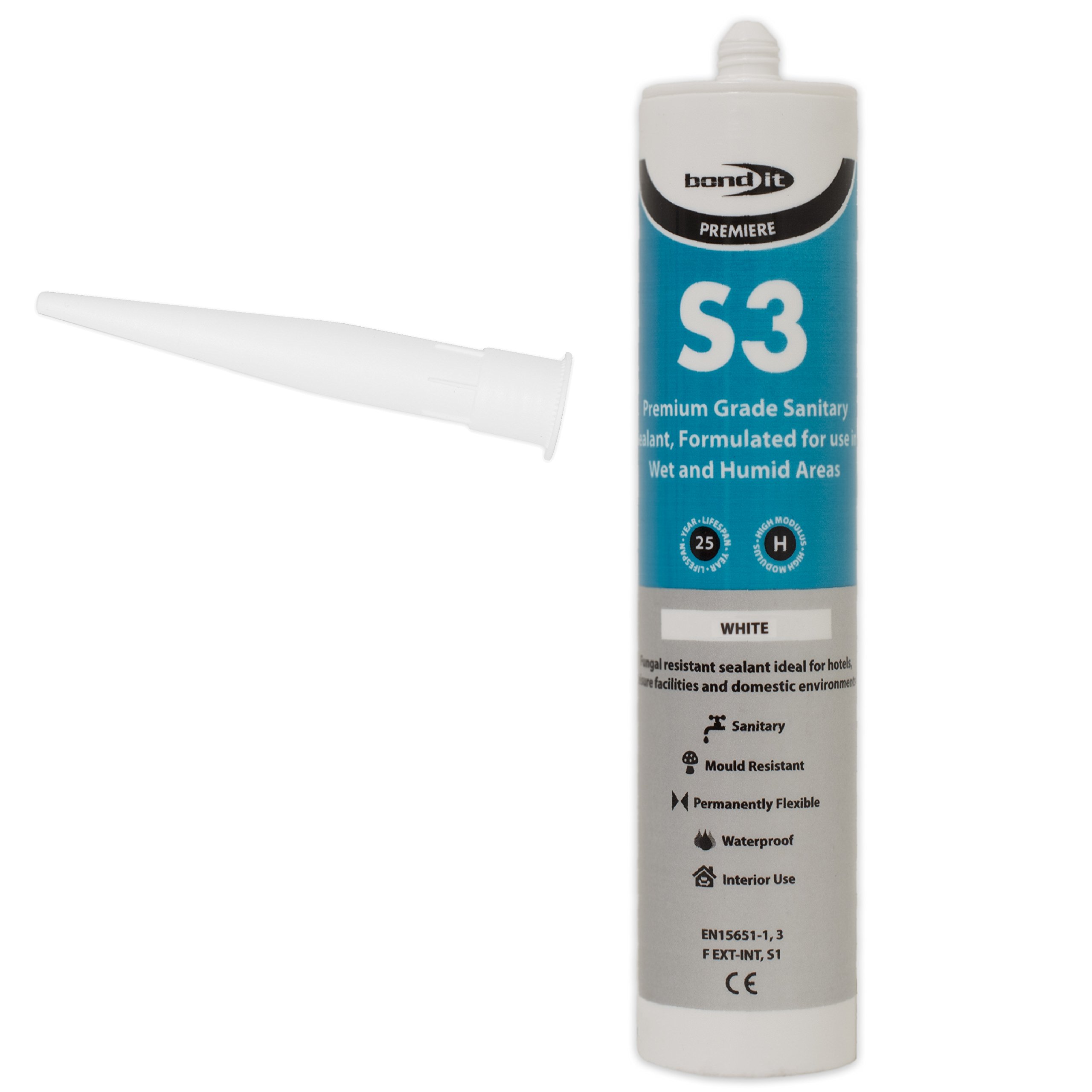 Bond-it 310ml S3 Grade Sanitary Silicone Sealant High Performance Bathroom Bath Kitchen Sink Shower Anti Mould Window Fungal Resistant Premium EU3 (White, 1)