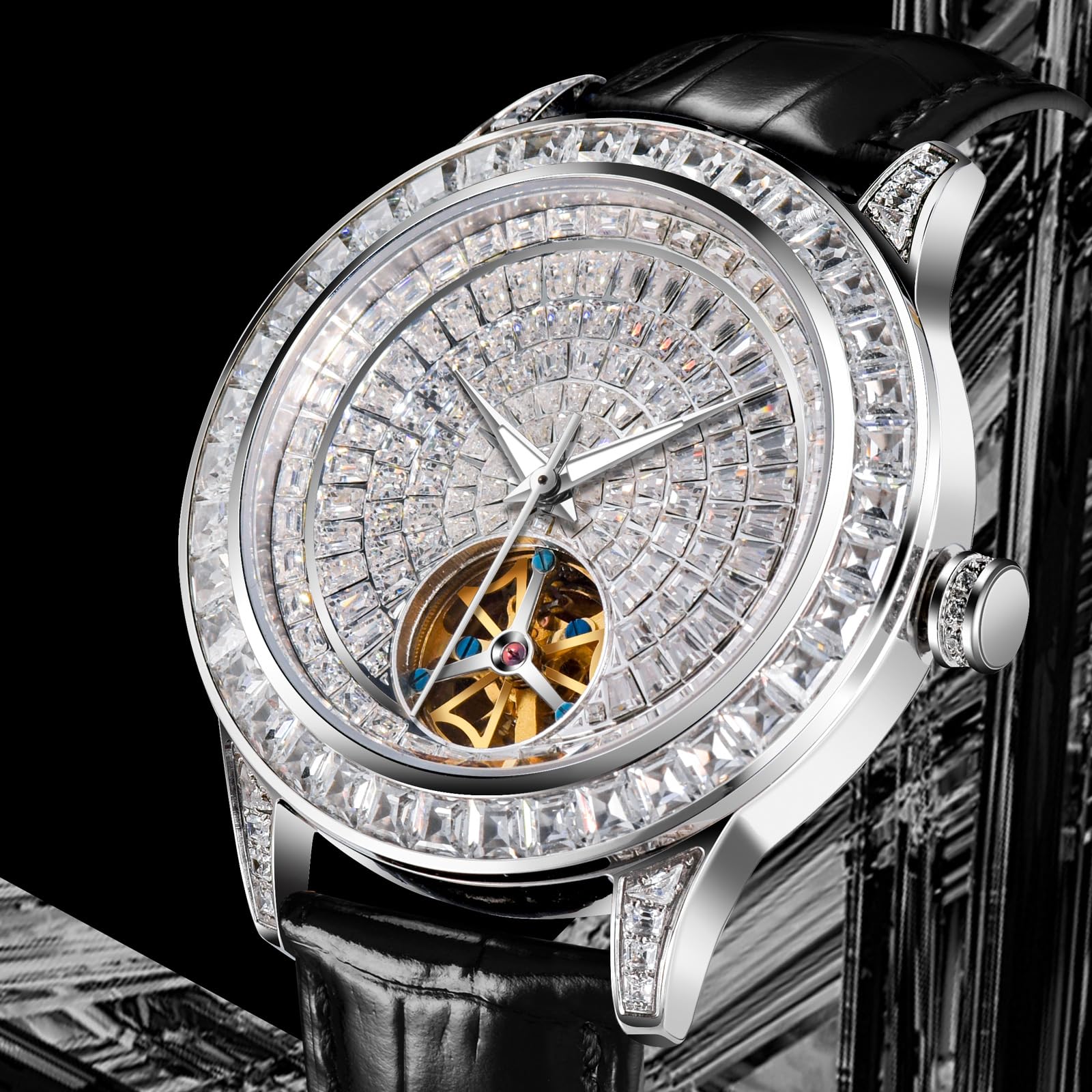 Strassverzierte Herrenuhr Automatik, Lederarmband Automatik Uhr Herren, Hochwertige Uhren Herren mit Glänzendem Strass Design, Automatikuhr Herren