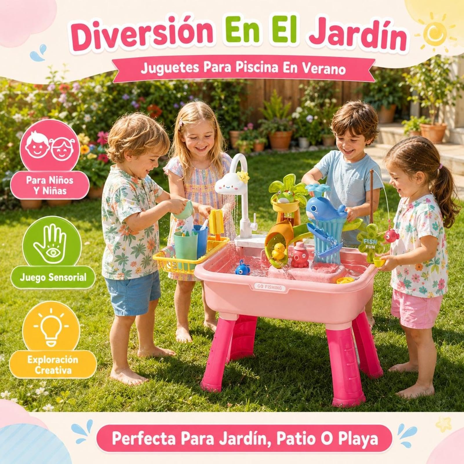 Genérico Mesa De Agua para Niños Y Niñas De 4 A 8 Años - Fregadero De Juego con Bomba | Incluye Tobogán, Pesca 43 Accesorios | Gracioso para Piscina Exterior Y Verano