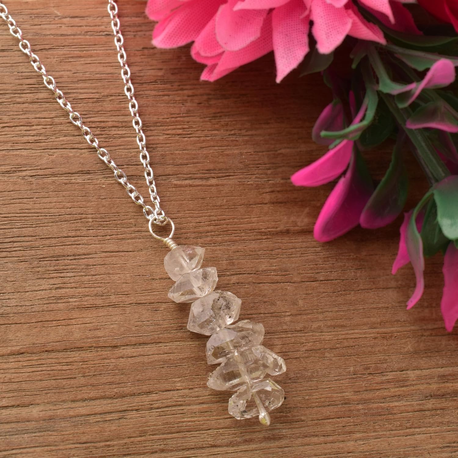 Raw Herkimer Diamond Quartz Pendant Necklace – Natural Double Terminated Crystal Point on Chain – Handmade April Birthstone Jewelry Gift for Women & Men – Chain 18 inch (Herkimer Diamond Quartz) - Image 4