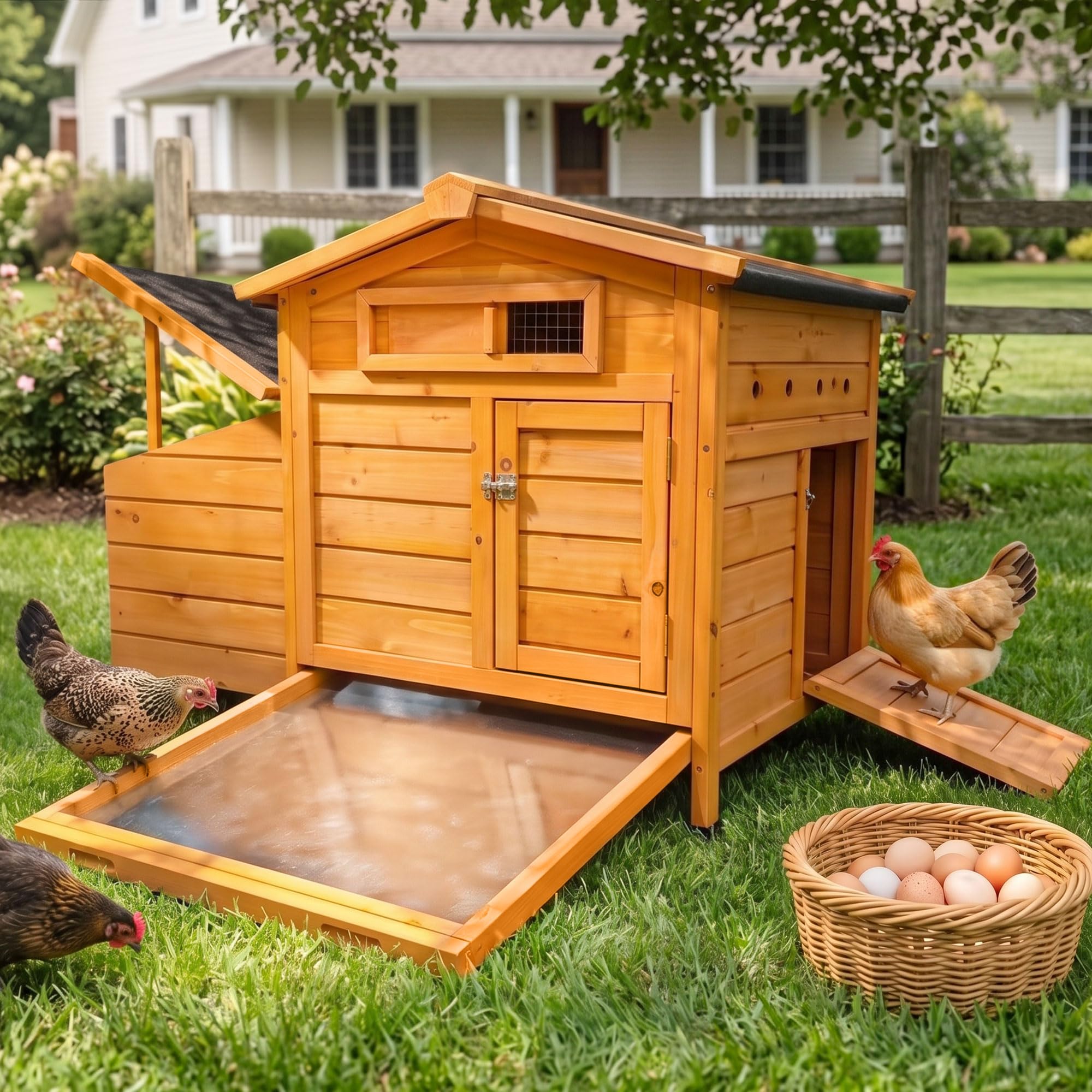 Hühnerstall Winterfester & isolierter aus Massivem Holz Hühnerhaus für 2-3 Hühner Legenest Hühnergehege mit 2 Nistkästen Entenhaus Hühnervoliere Kleintierstall mit Wetterfest Dach Verzinkte Paletten