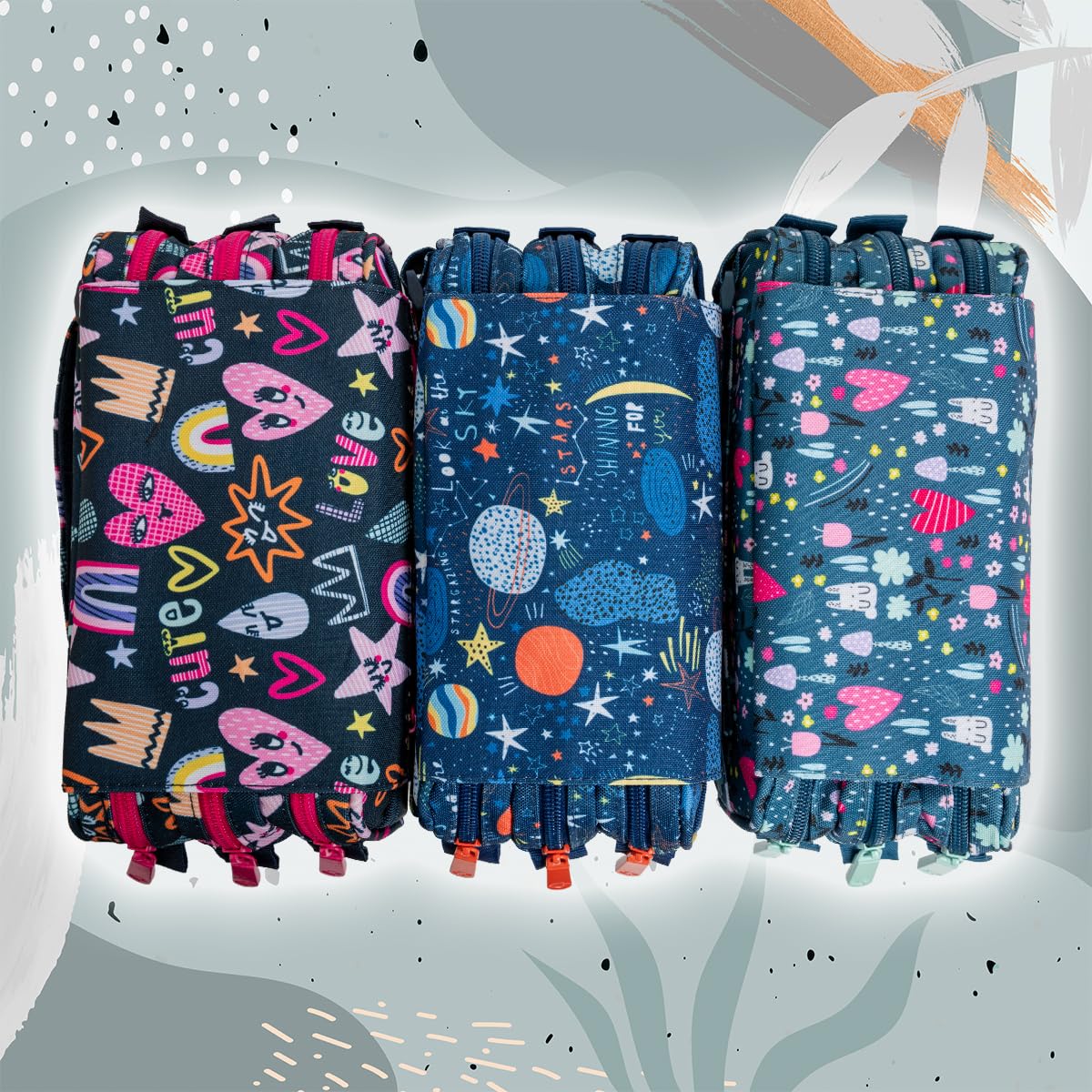 ColePack Design - Lote de Estuche Portatodo Triple con 3 Cremalleras y Material Escolar de Primeras Marcas Incluido (Cute)