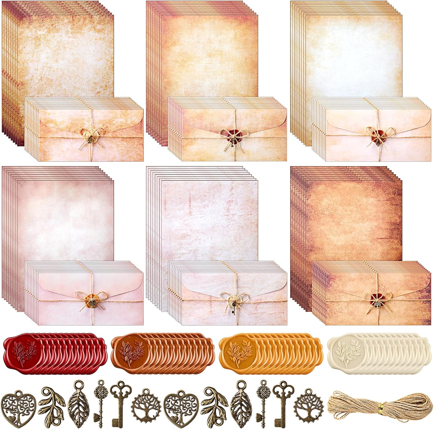 48 Pack Vintage Letter Writing Set 48 Sheets Letter Paper 48 Envelopes 48 Rose Wax Seals, 48 Charms and Twine 6 Designs Vintage Paper and Envelopes for Writing, Invitations, Gift Wrapping