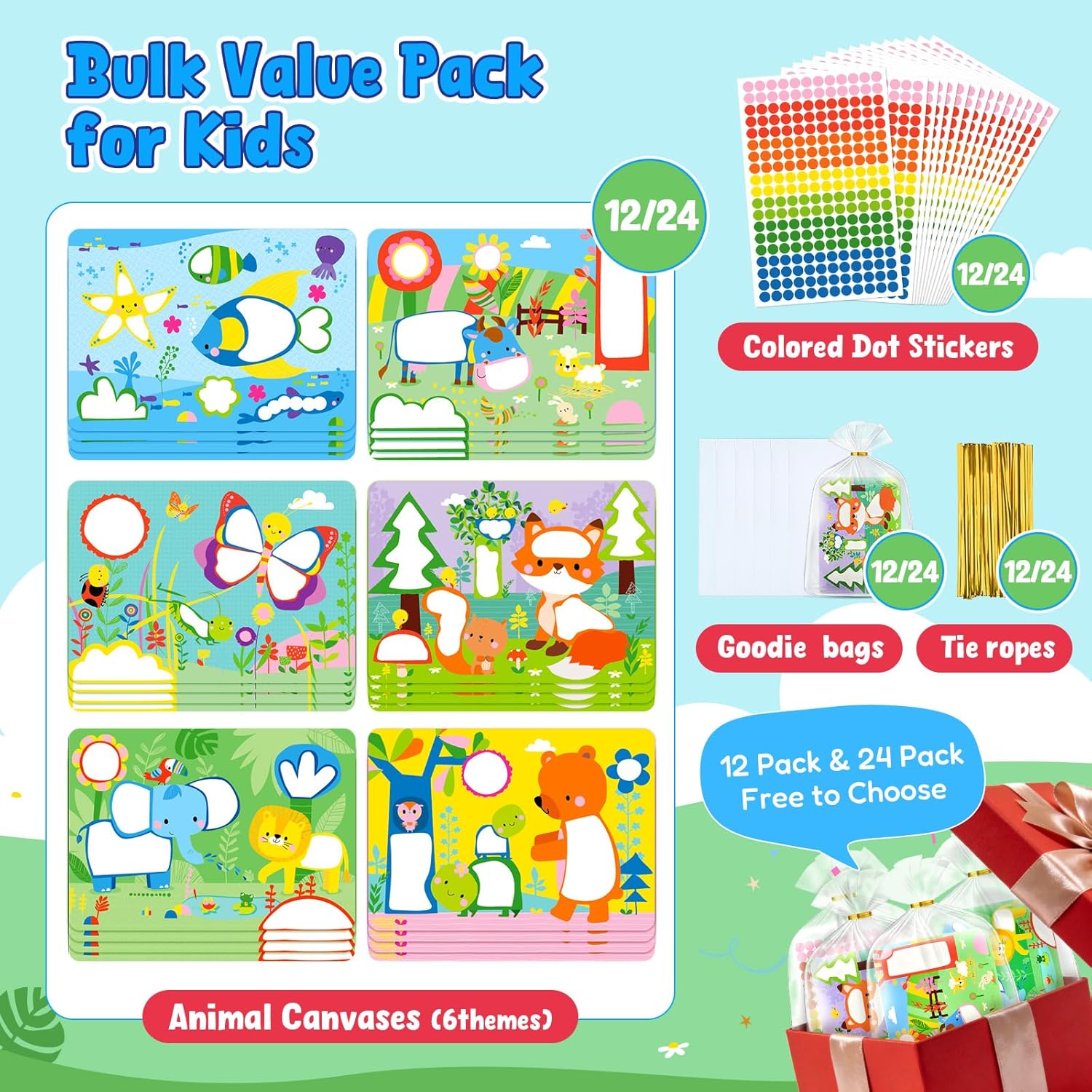 JoyCat 12 Pack Dot Art Craft Kits for Kids Party Favors, Mess-Free Dot Sticker Activity Set with 2400+ Stickers & Goodie Bags, Classroom Prizes, Treasure Box Toys, Goodie Bag Stuffers Ages 3-8