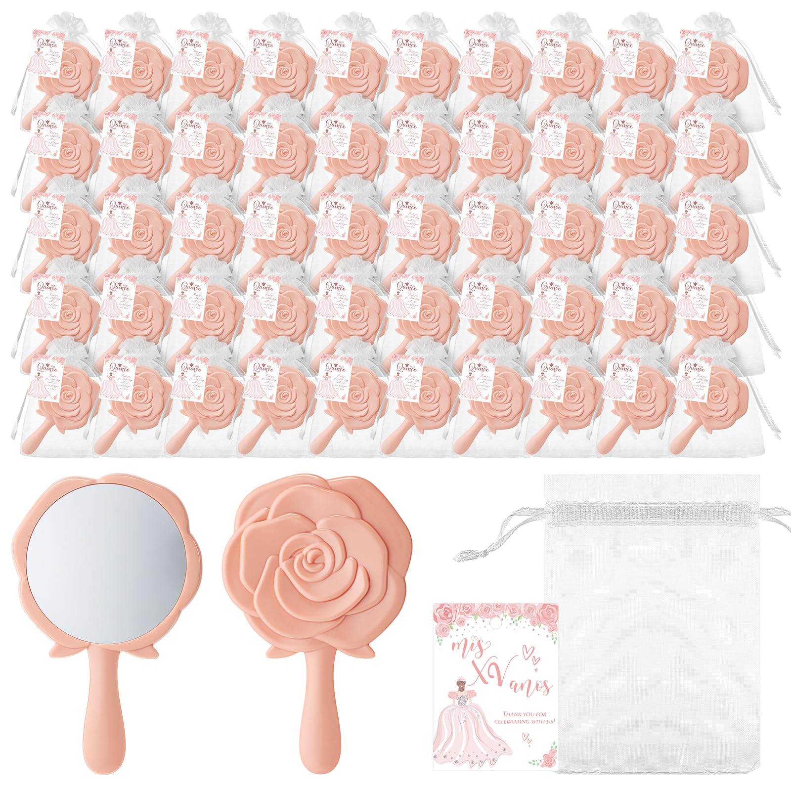 Sintuff 50 Sets Quinceañera Party Favors for Guests, 50 Pack Rose Compact Mirrors Bulk with Thank You Cards & Organza Bags, Souvenirs for Girls