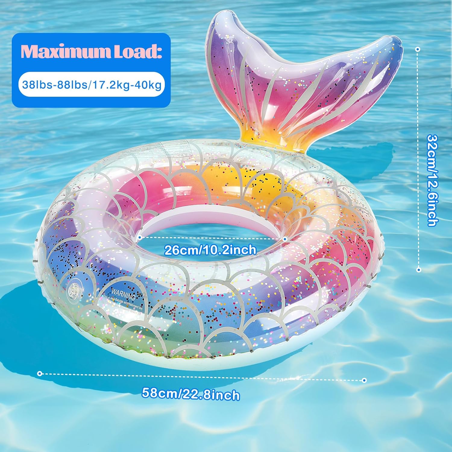 MoKo Mermaid Buoy, (58cm) PVC Inflatable Swimming Ring, Mermaid Swimming Pool Float with Tail for Adult, Water Sports Toy Summer Holiday, Silver Scale Rainbow