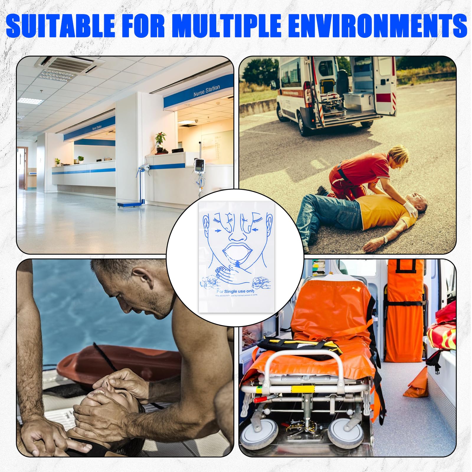 50 mascherine per la protezione del viso, CPR/respiratore per la protezione personale, protezione del viso per il primo soccorso e le emergenze, sacchetti in pellicola in PVC, protezione barriera di