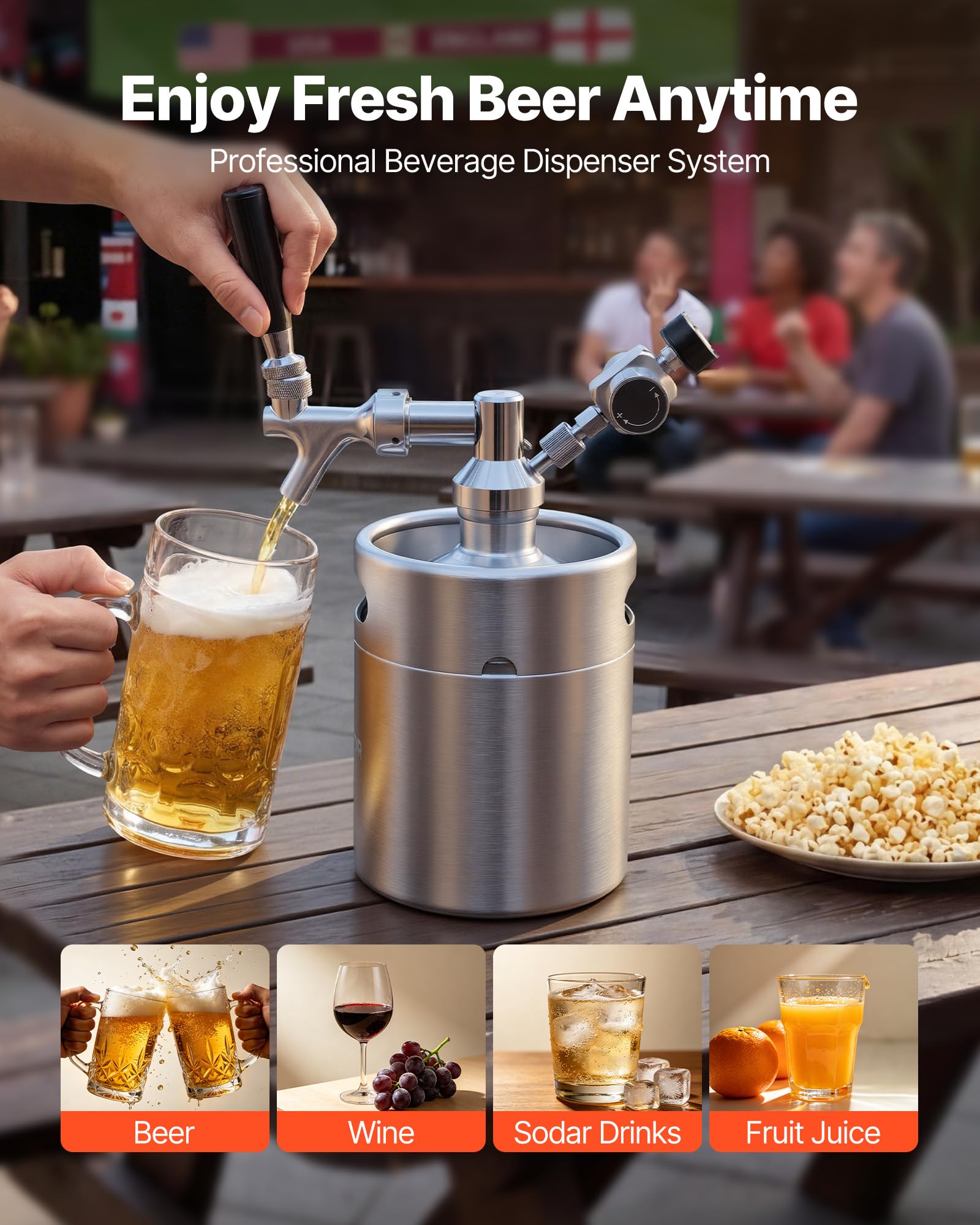 VEVOR Mini Barril Dispensador de Cerveza 1,94 L de Acero Inoxidable 304, Con Regulador de CO₂ y Grifo de Cierre Automático, Compatible con Cartuchos de CO₂ de 16 g (No Incluido), Para Fiesta, Hogar