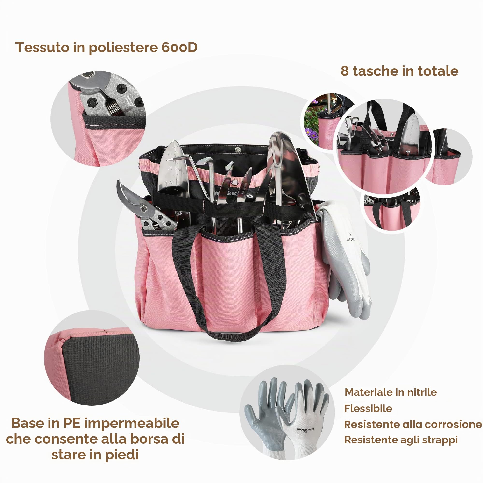 WORKPRO Set di Attrezzi da Giardino Rosa 8 Pezzi, Utensili da Giardino con Borsa da Giardino, Includere Guanti da Giardinaggio, Cesoia da Potatura ecc, Regali da Giardino per Uomo Donna