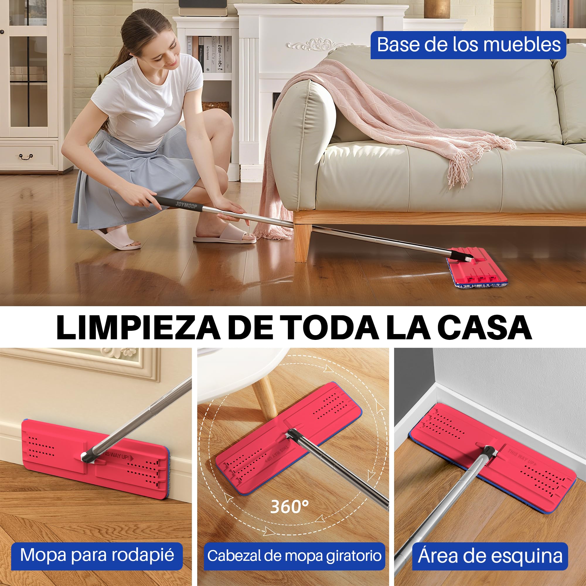 JOYMOOP Juego de mopa y Cubo para el hogar, Sistema de autolimpieza Manos Libres, 3 Almohadillas de Microfibra Reutilizables, para Pisos y Paredes - Negro + Rojo + Azul Pizarra