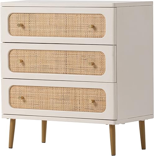 Miniatura 7 de LONYKE Cómoda de mimbre de ratán cómoda de 3 cajones armario de almacenamiento de madera con acabado blanco mesa decorativa moderna de granja