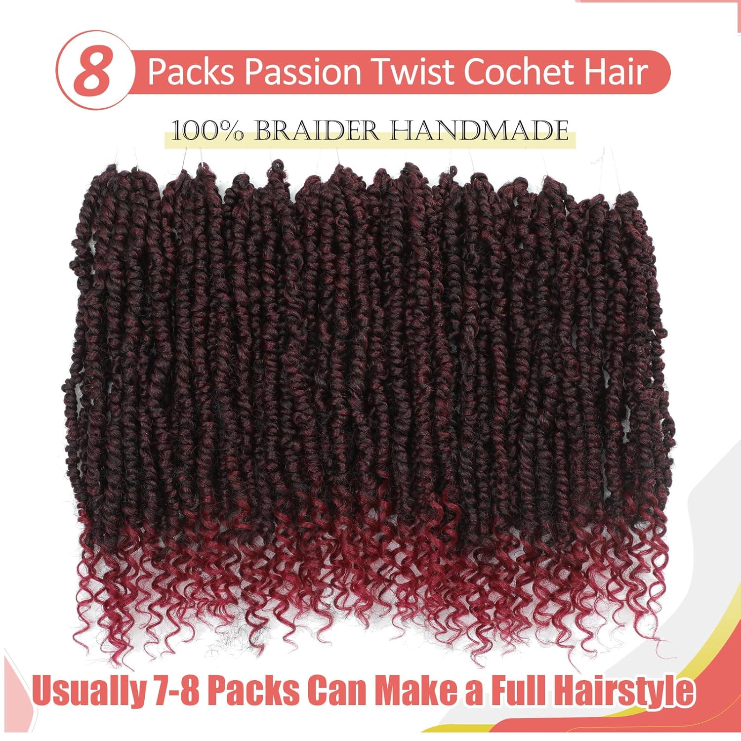 Alicoco Passion Twist Crochet Hair 10 Inch Passion Twist Hair Pre Looped 8 Packs Spring Twist Crochet Braids with Curly Ends Pre-Twisted Crochet Hair for Women (1B/BUG)