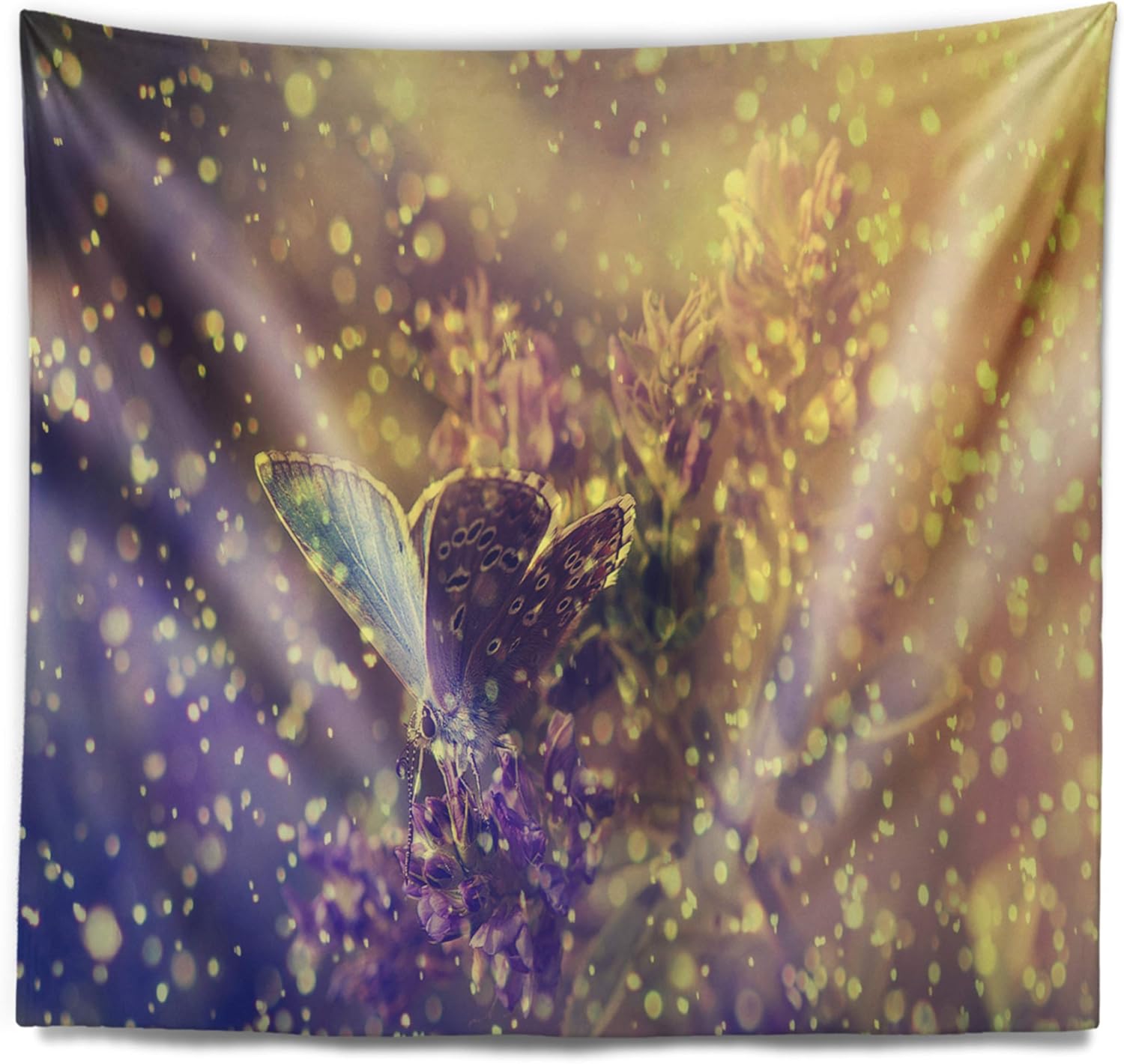 Designart ' Blue Butterfly and Purple Flowers' Floral Tapestry Blanket Décor Wall Art for Home and Office, Created On Lightweight Polyester Fabric x Large: 92 in. x 78 in