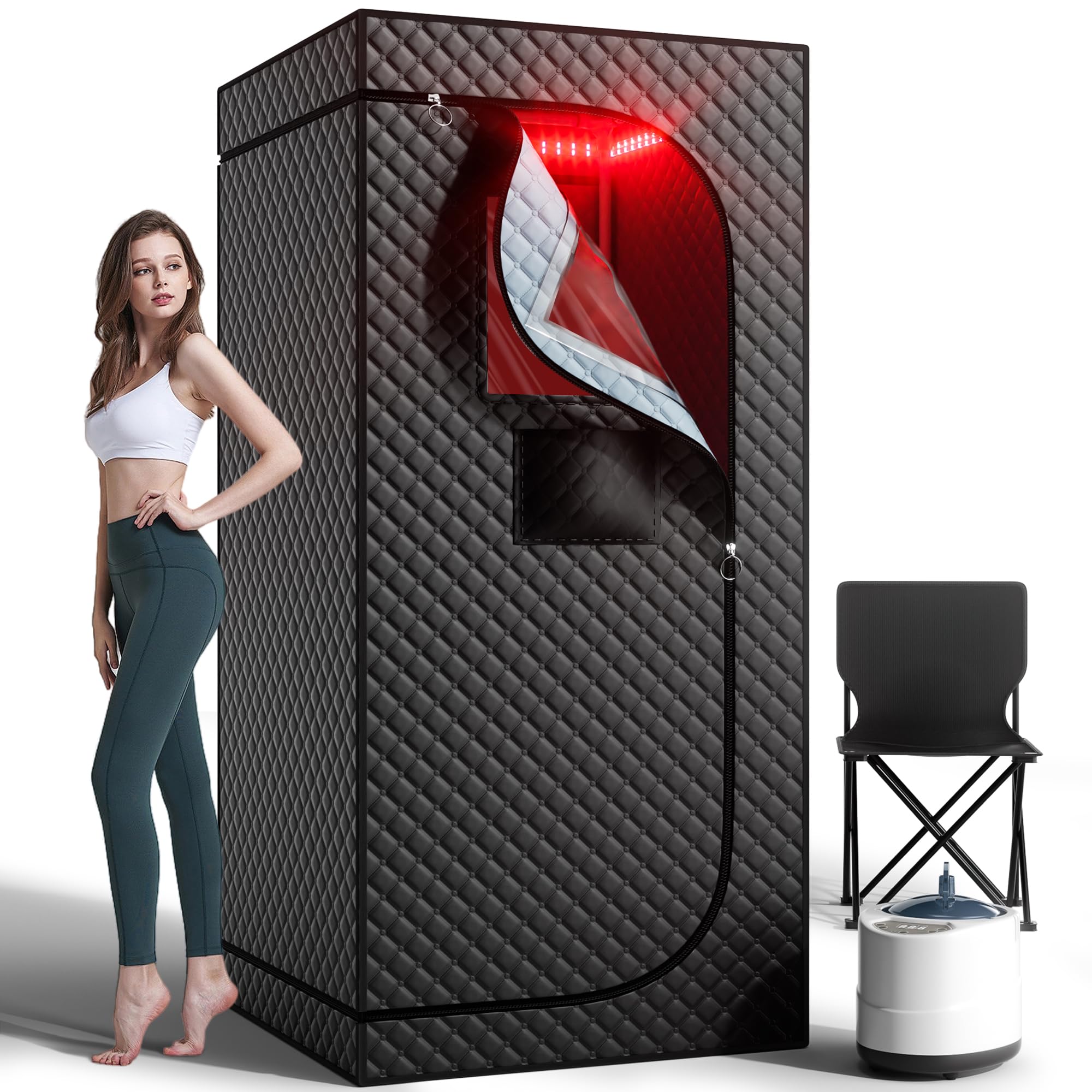 Portable Infrared Steam Sauna with 660nm Red Light Therapy Lamp & 3.0L 1400W Steamer, Remote Control - Sauna Tent Sauna Box for Body Recovery & Skin Care Pain Relief - Personal Sauna for Home