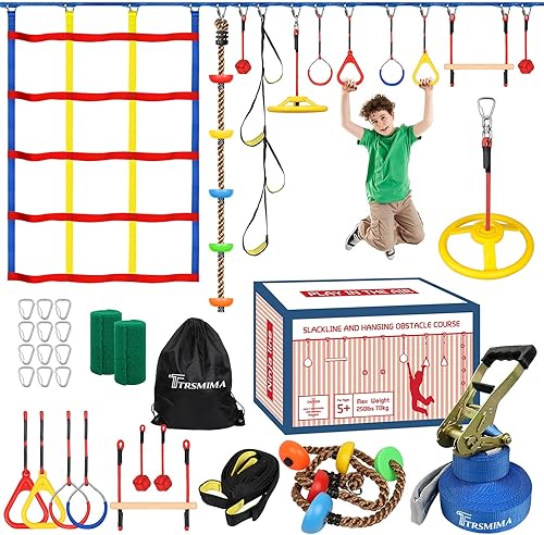 TT TRSMIMA Carrera de obstáculos Ninja Warrior para niños - Kit de línea elástica Ninja de 60 pies - Equipo de entrenamiento de guerrero Ninja para