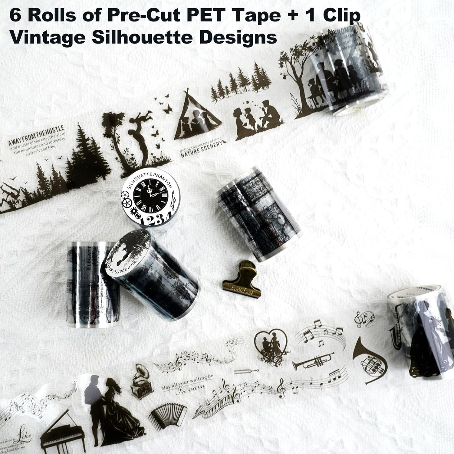 Vintage Silhouette PET Tape Set with Clip, Pre-Cut Shadow Collage Rolls for Scrapbook Journal Planner Water Bottle Phone Case Notebook Décor image 2