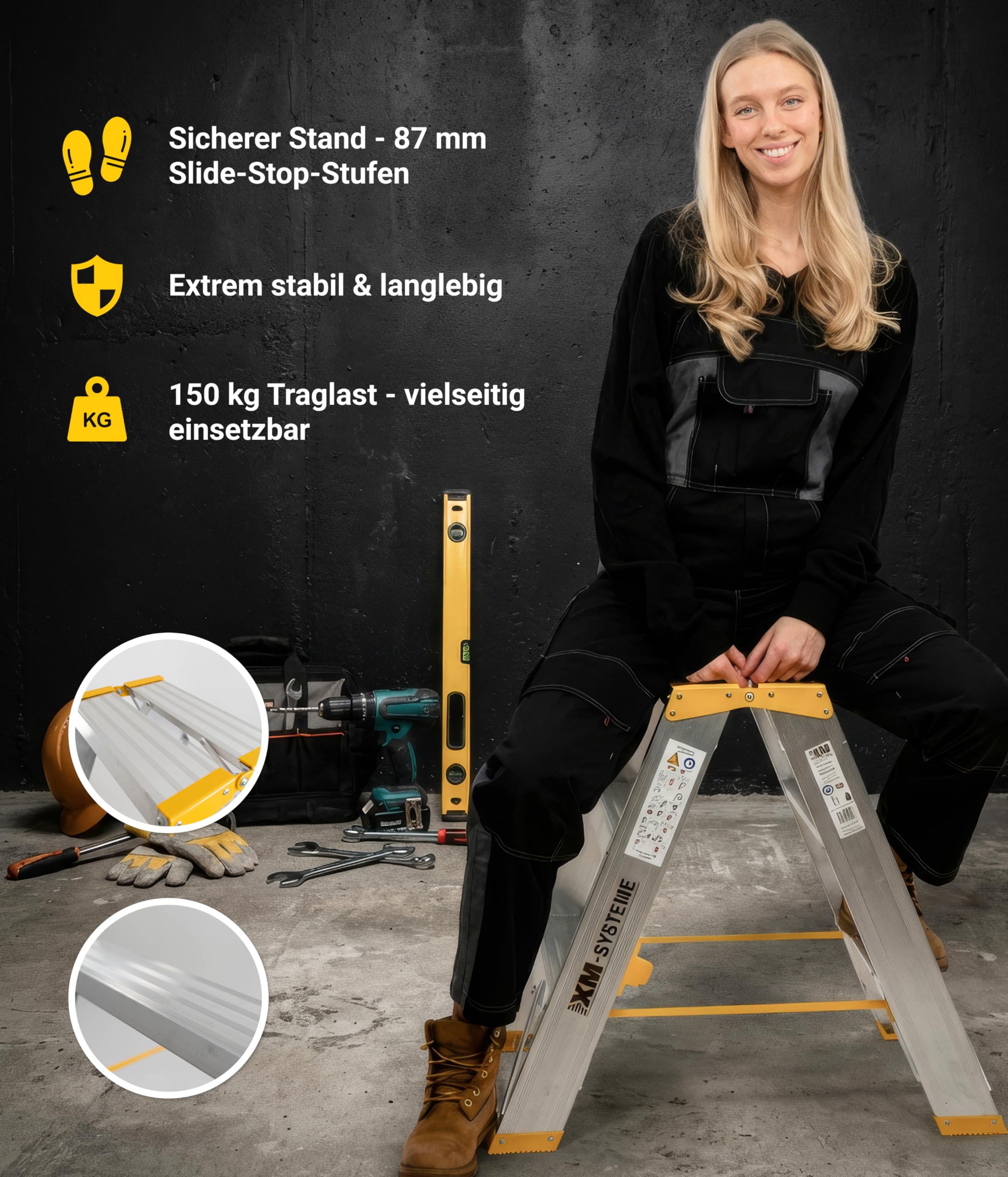 Alu-Stufenstehleiter 2 x 10 Stufen – rutschfeste, stabile Trittfläche nach TRBS 2121-2, kompakte Slide-Stop-Stufen – Profi Stehleiter für Industrie & Handwerk - GS-geprüft - Trittleiter