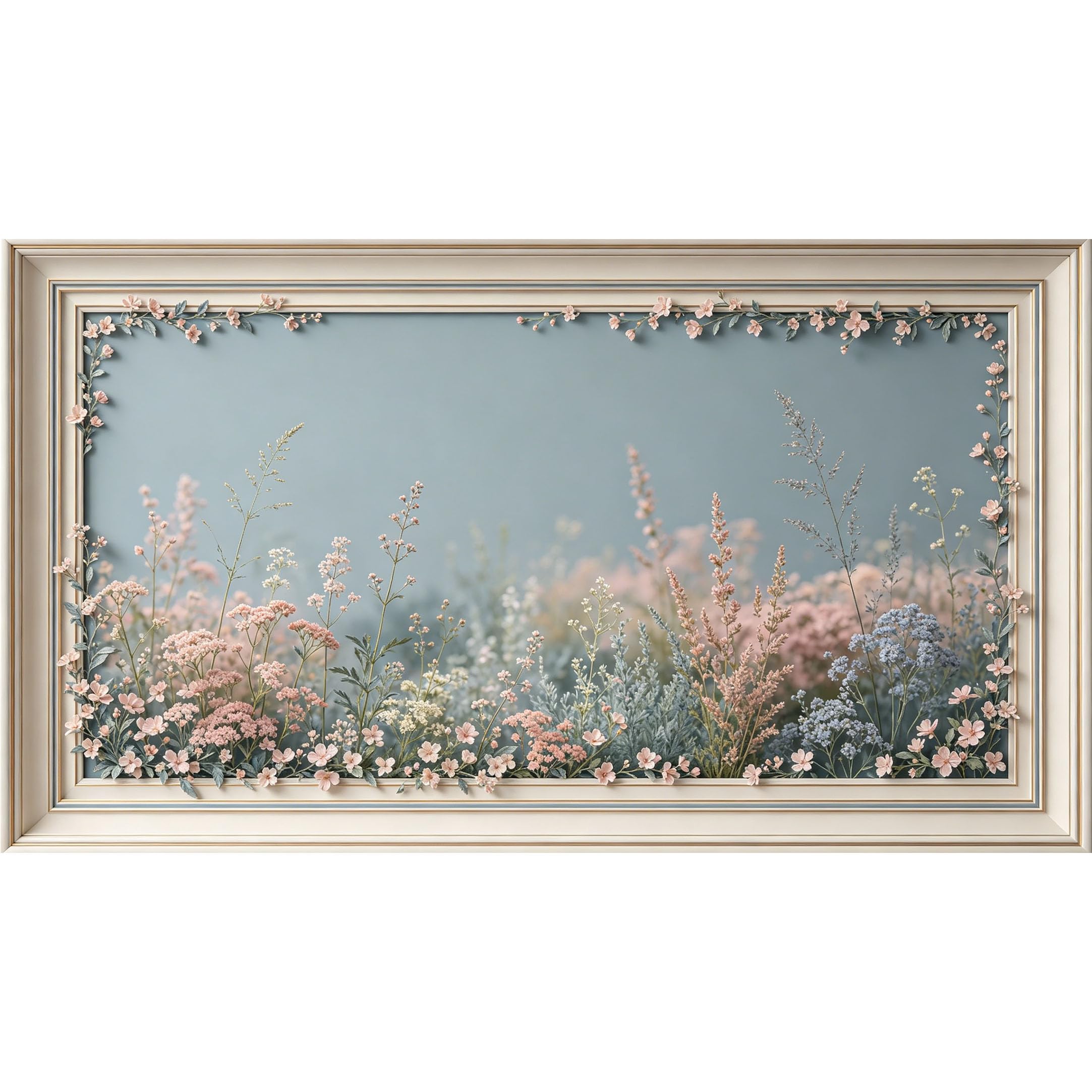QZLITHOTIC 50x90cm3D Framed Wall Art， Botanical Pastel Wildflower Meadow Self‑Adhesive Mural， Water‑Activated Peel & Stick Fabric Decor Wall Decal for Bedroom Living Room
