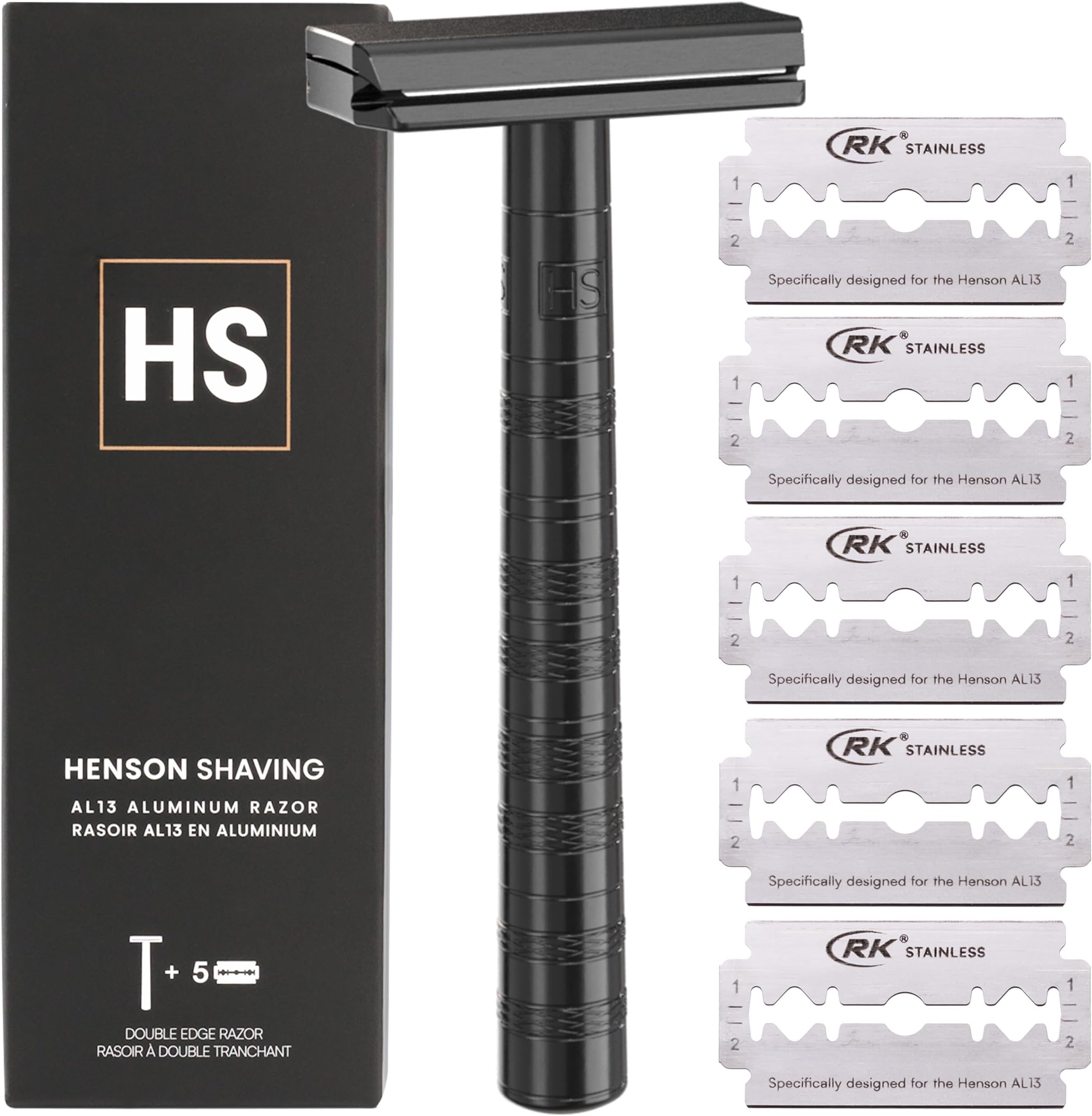 Henson Shaving Razor - Jet Black Double Edge Safety Razor with 5 Spare Blades - 30° Angled Precision With Superior Blade Rigidity- Reusable Single Blade Razors For Men and Women
