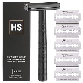 Henson Shaving Razor AL13 - Aircraft Aluminum Double Edge Safety Razor with 5 Spare Blades - 30° Angled Precision With Superior Blade Rigidity- Reusable Single Blade Razors For Men and Women - Mild Aggression (Jet Black)