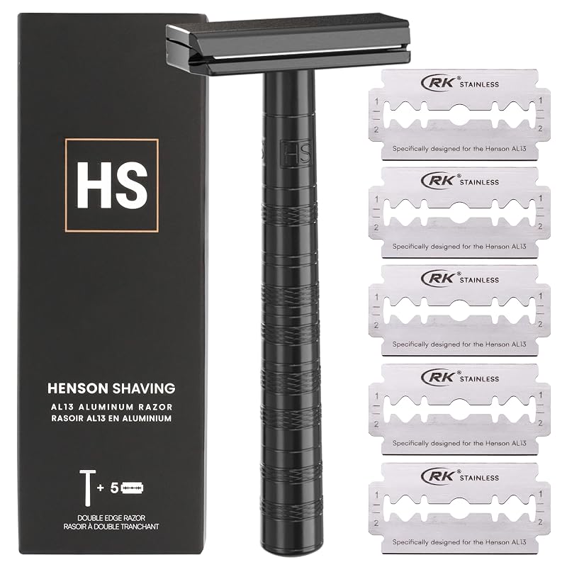 Aparelho de Barbear de Segurança Henson Shaving Jet Black com Lâmina Dupla e 5 Lâminas Sobressalentes