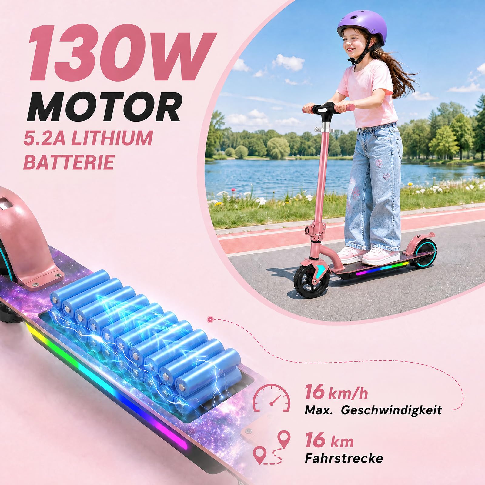 Trottinette électrique pour Enfants âgés de 6 à 16 Ans | 6/10/16 km/h, autonomie max. 16 km, lumières colorées, affichage LED, hauteur réglable, pliable, pour garçons et filles