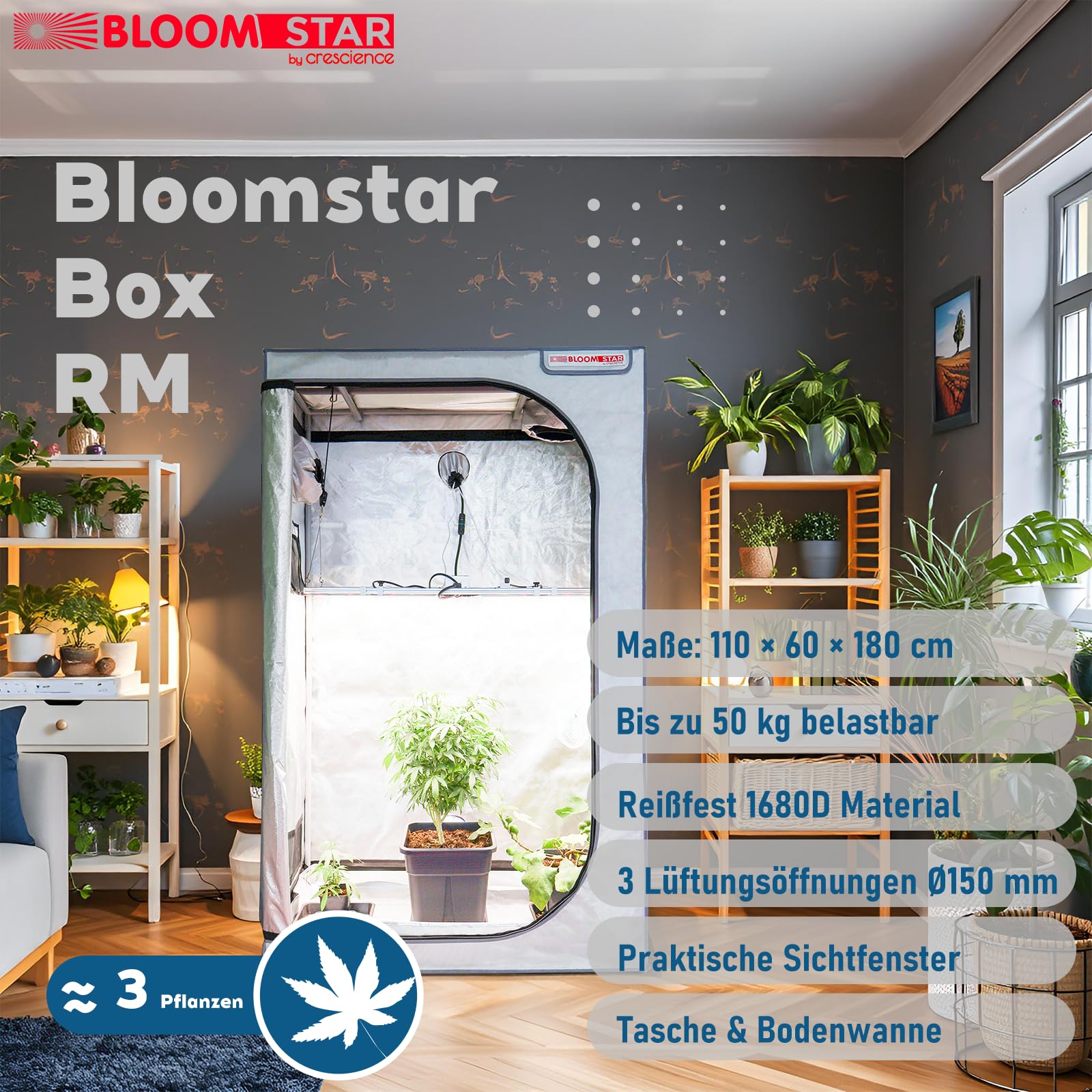 by Crescience Growzelt Box RM 110x60x180 cm – Kompaktes Indoor-Zelt mit 1680D Gewebe, reflektierendem Mylar, stabilem Metallrahmen, ideal für Homegrow & Hydrokultur