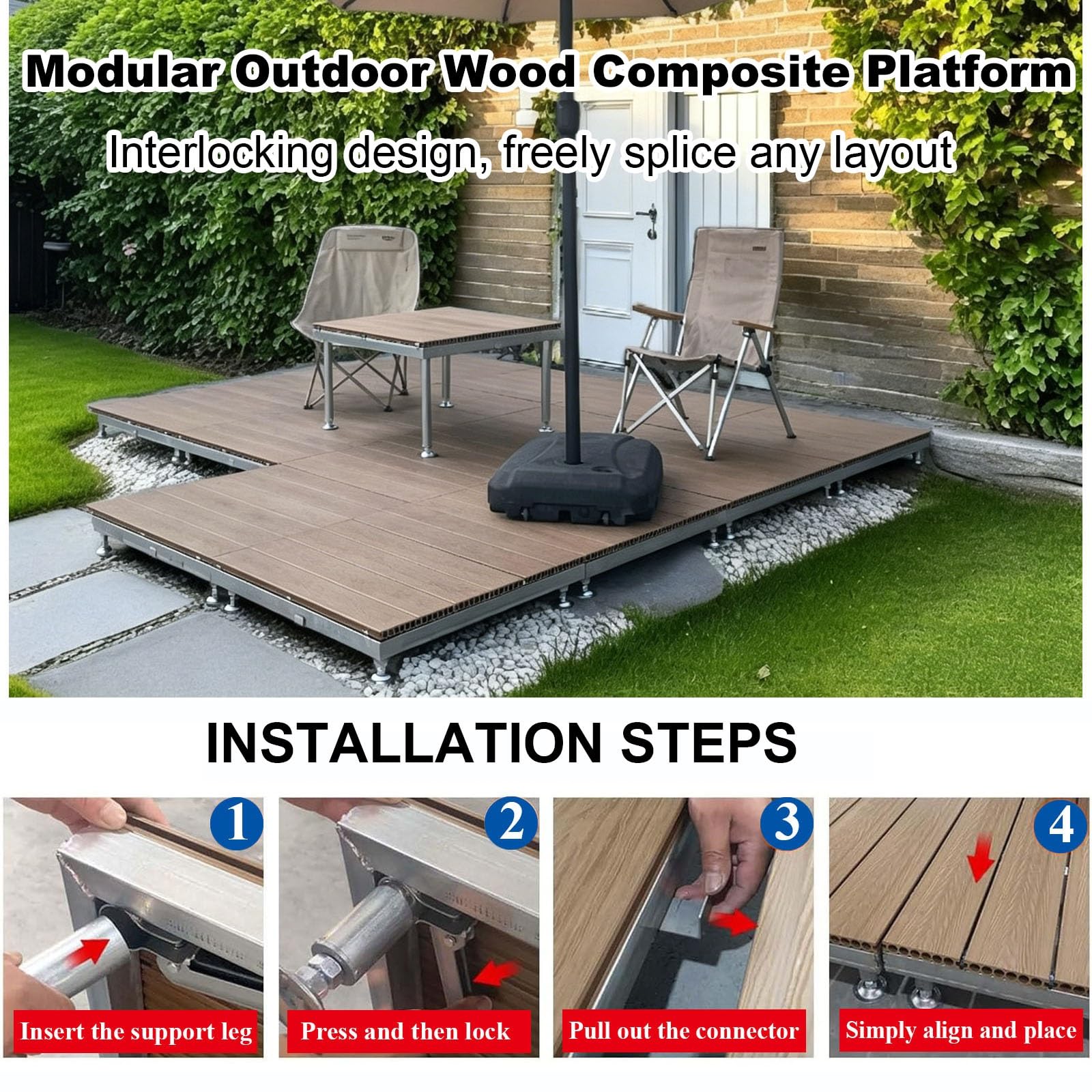 Terrazze Pavimento Piattaforma Rialzata Regolabile 84x84cm Piastrelle WPC | Tenda Campeggio Piattaforma Rialzata Con Telaio Metallico,Impermeabile,Effetto Legno Piastrelle Giardino(Dark brown)